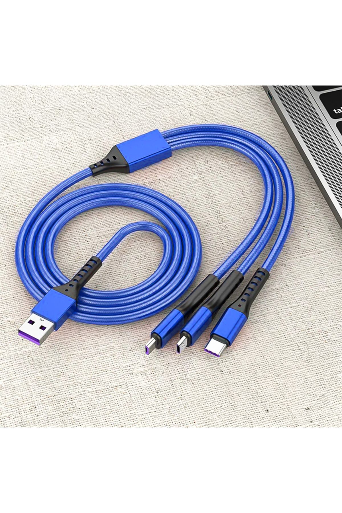 nelerbulurum 3IN1 MAVİ 1.2 METRE (MICRO USB - LIGHTNING - TYPE C) TELEFON ŞARJ KABLOSU