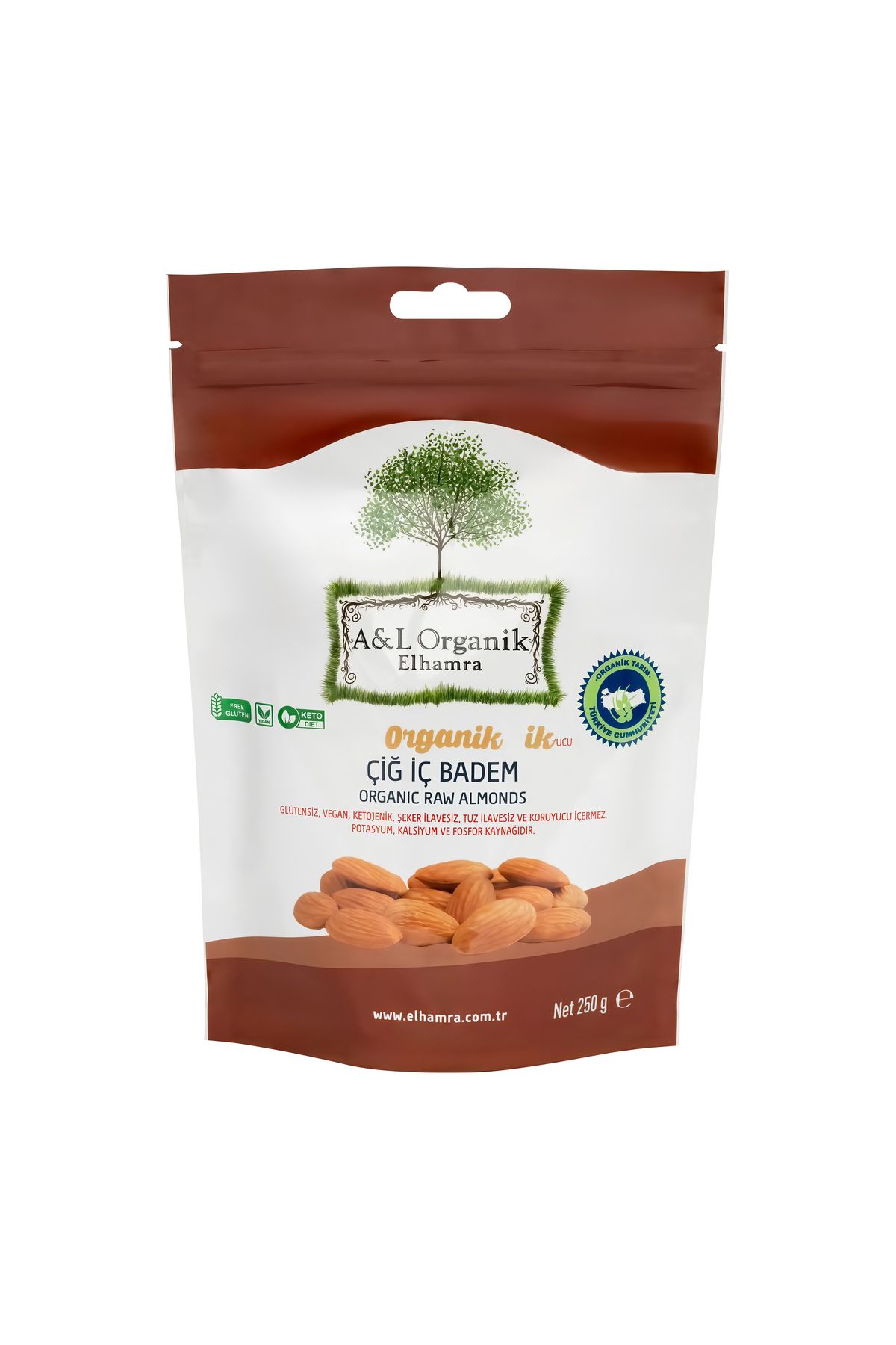 A&L ORGANİK ELHAMRA ORGANİK SERTİFİKALI ÇİĞ İÇ BADEM. 250g. YERLİ ÜRÜN. GLÜTENSİZ. VEGAN. KETOJENİK.