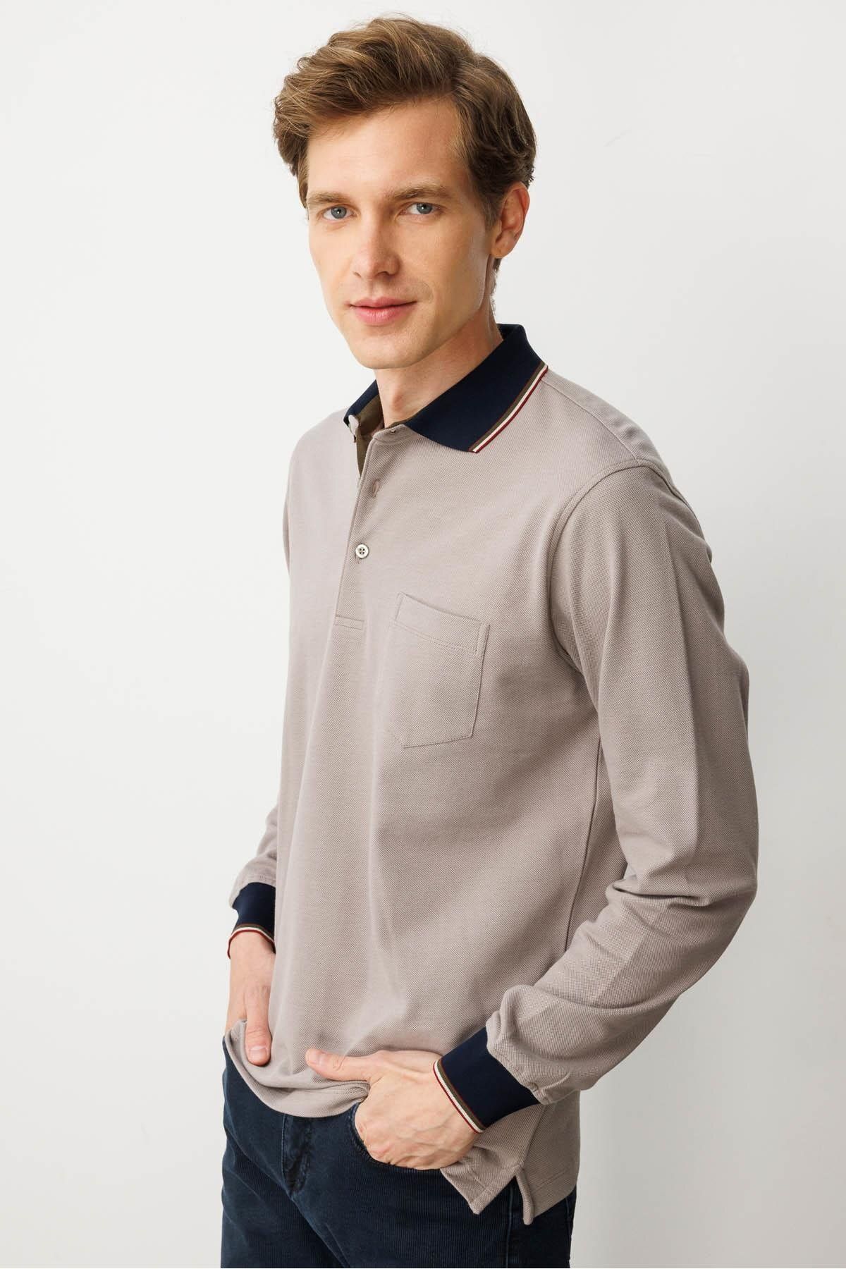 Desen Triko Erkek Polo Yaka Pike Dokuma Sweatshirt Bej