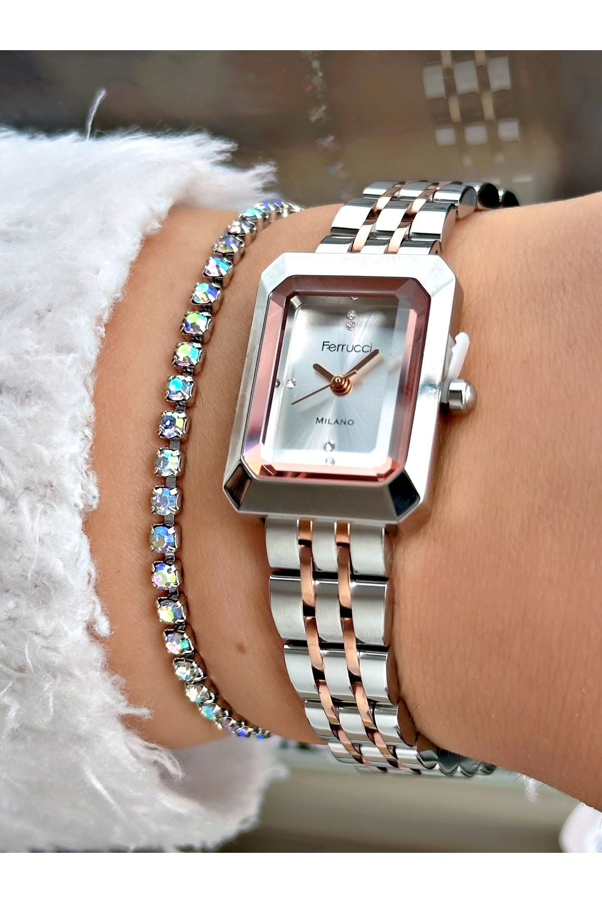 Ferrucci Rose Gold Silver Kare Minimal Model Sade Kadın Kol Saati + BİLEKLİK