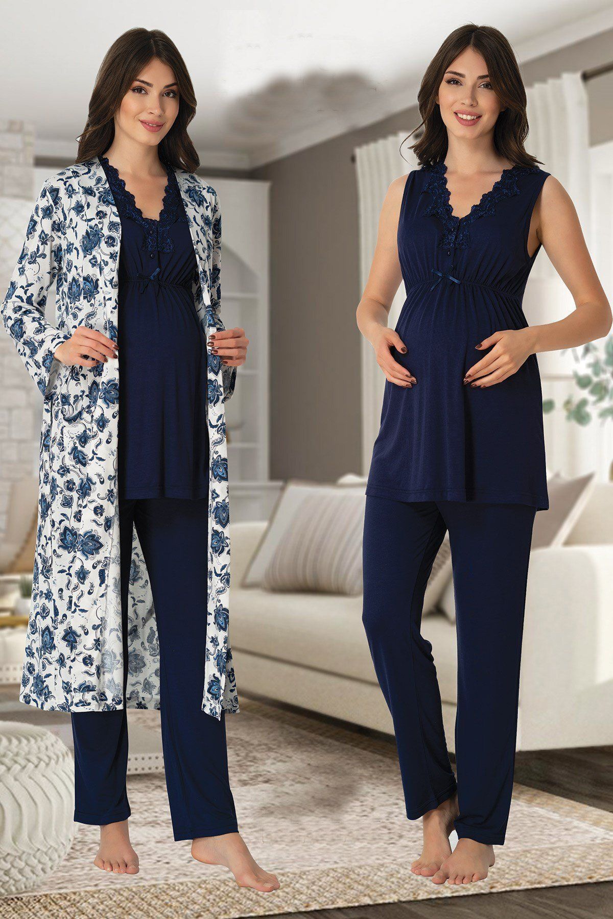BLACKMORE Lacivert Dantel Tasarım Kalın Askılı Lohusa Hamile Sabahlıklı 3'lü Pijama Takım Set