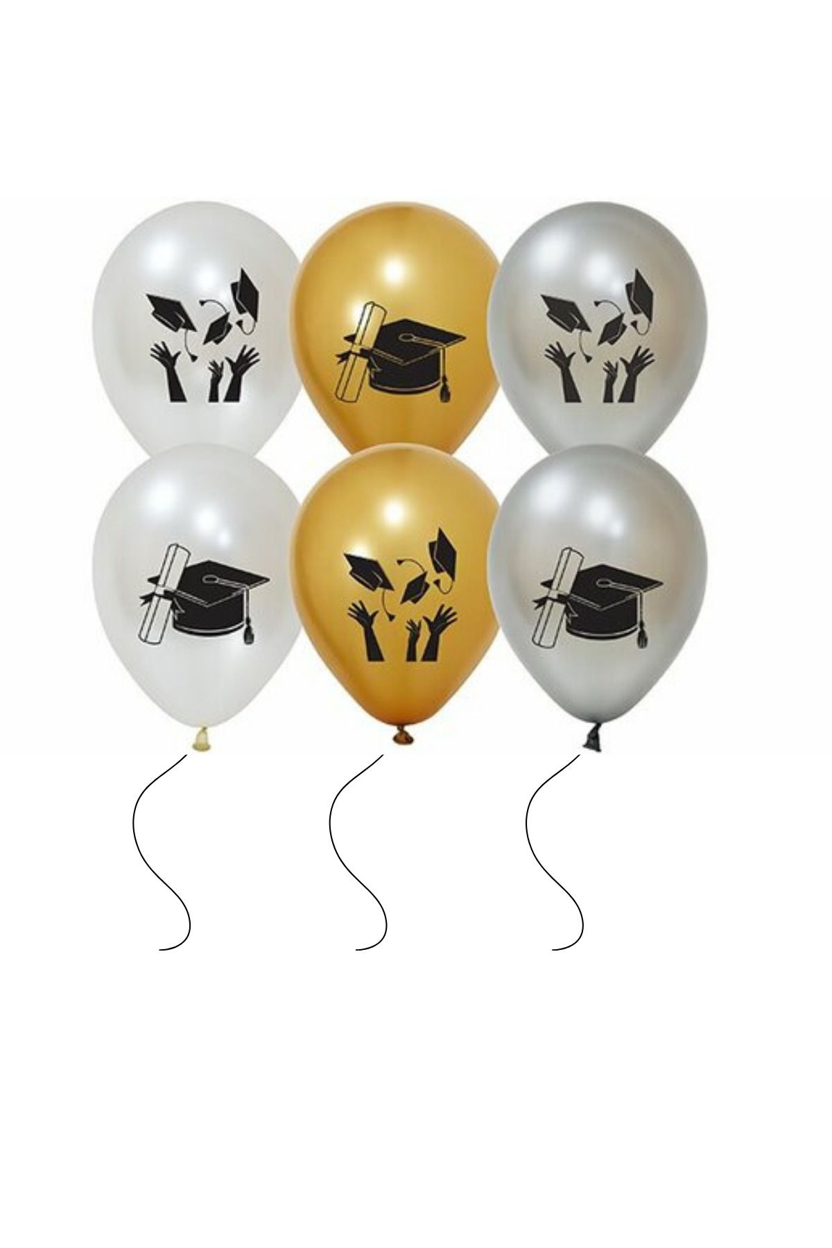 mypartyready Kep Baskılı Mezuniyet Töreni Süsleme Balonu Gold Gümüş Beyaz 10 Adet Baskılı Balon