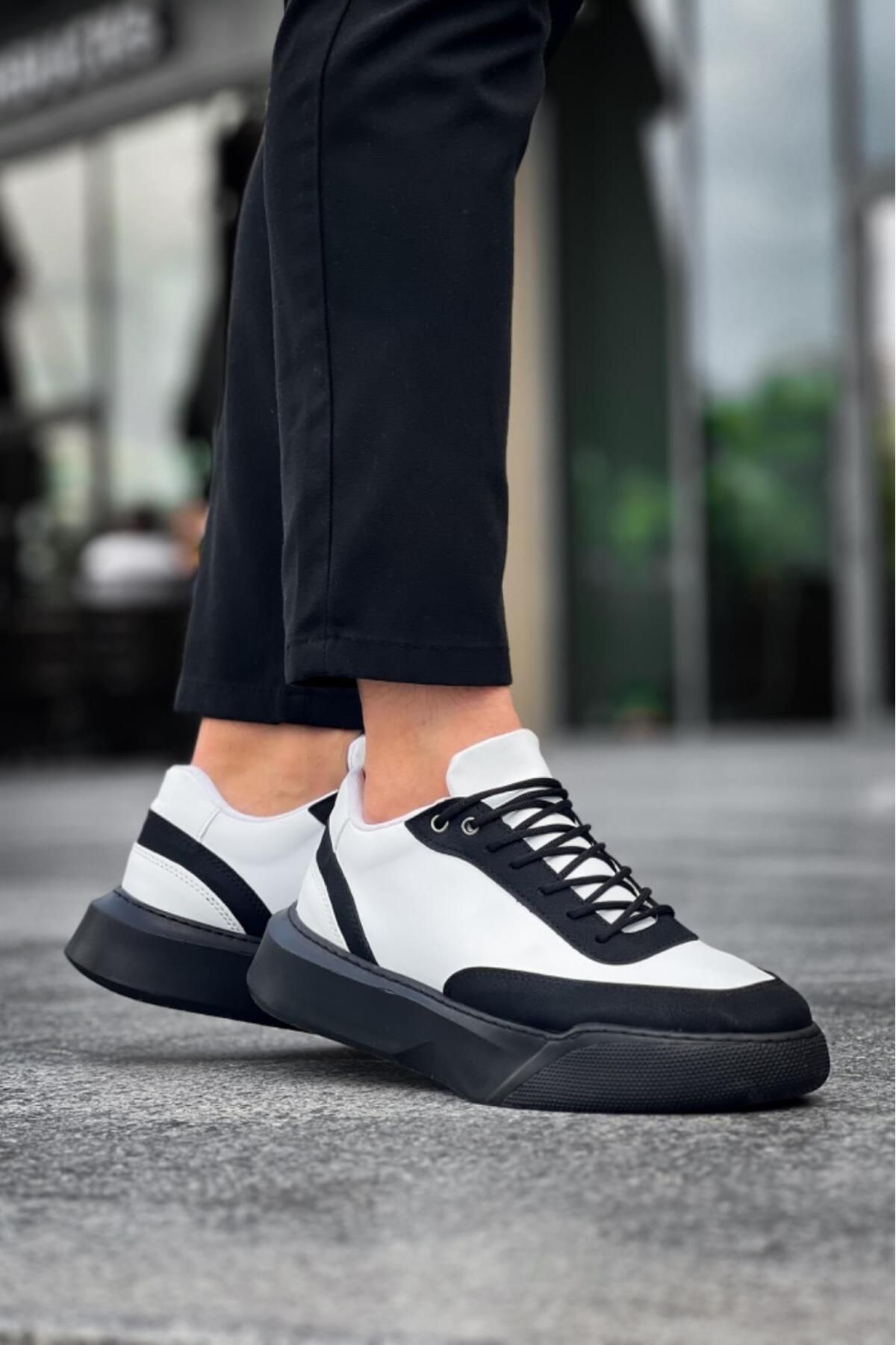 Byshoes BA0354 Günlük Bağcıklı Erkek Beyaz Parçalı Siyah Yüksek Taban Spor Ayakkabı