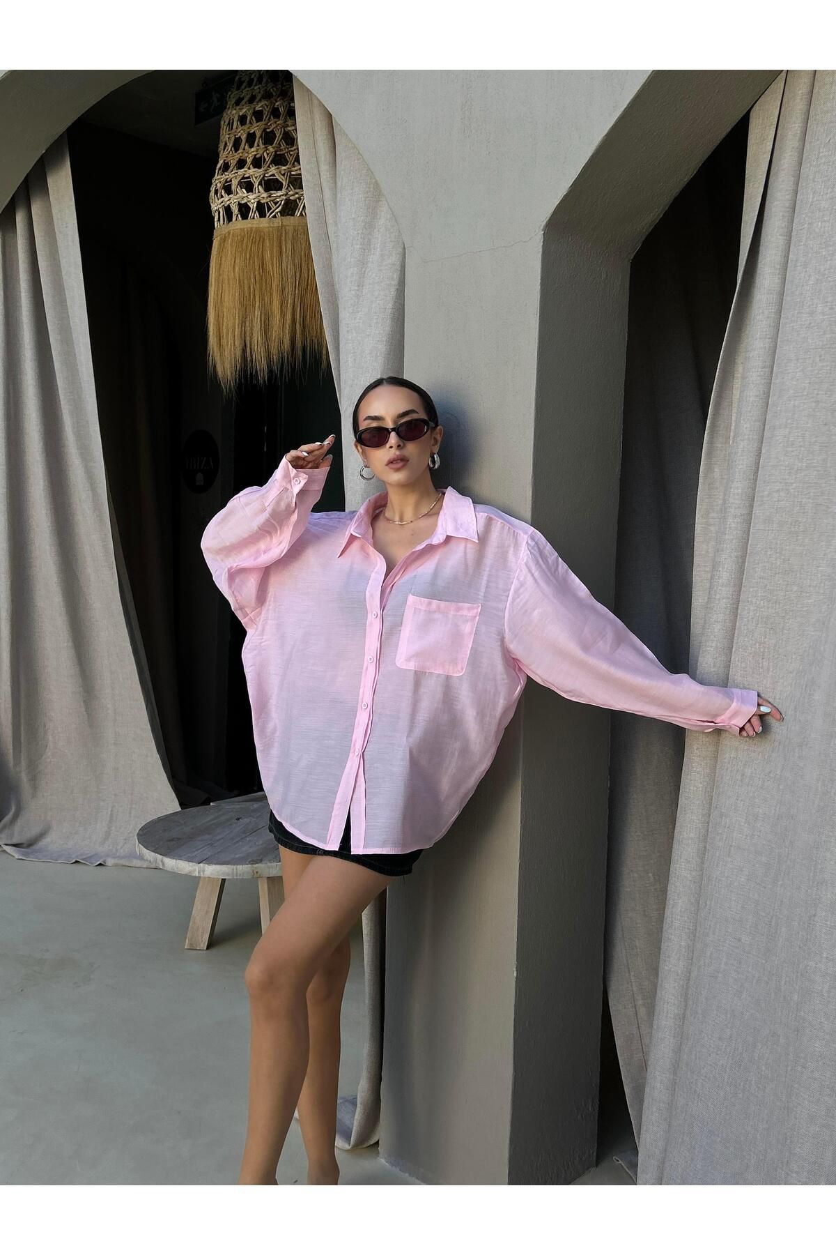 minaaise Kadın Pembe Modal Kumaş Oversize Gömlek 29181