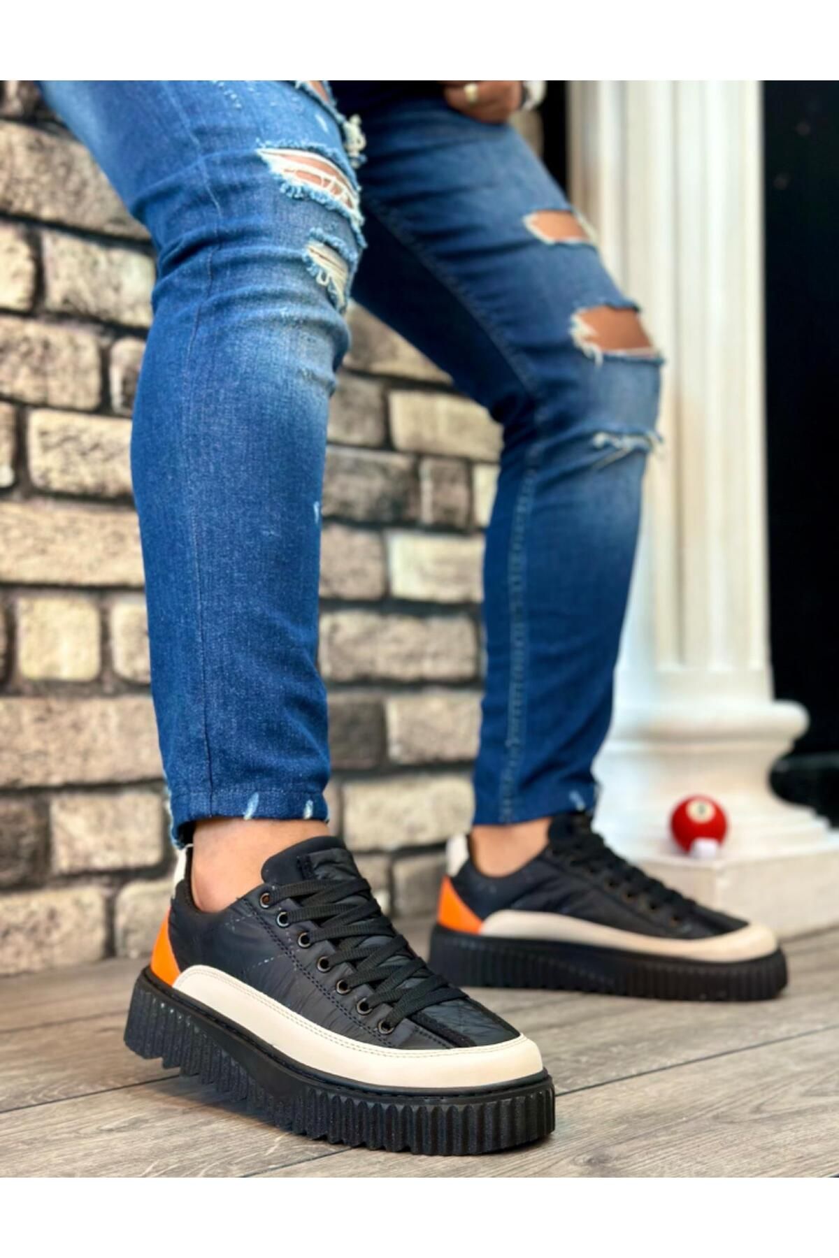 Byshoes BA0801 BOA Yüksek Taban Siyah Paraşüt Kumaş Turuncu Cilt Detaylı Erkek Ayakkabı