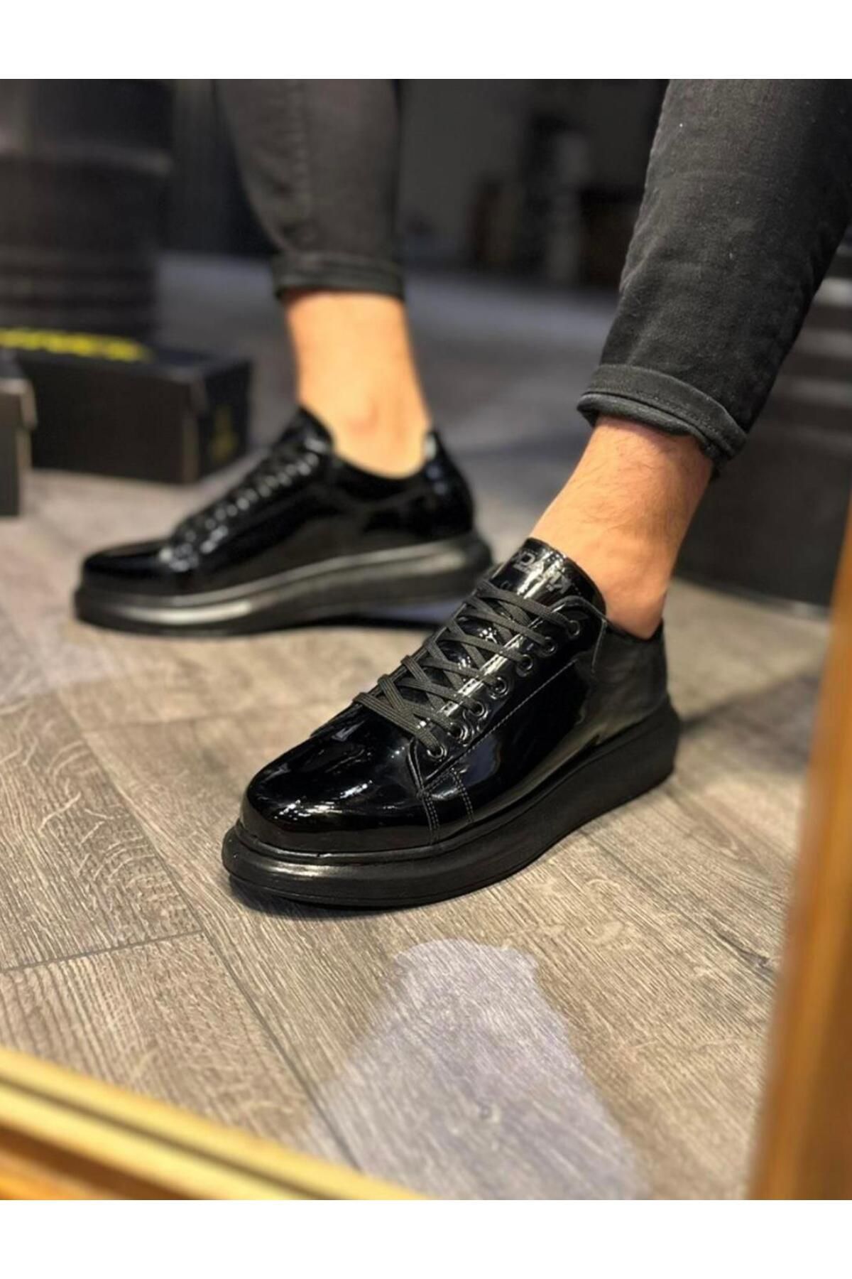 Byshoes Knack Yüksek Taban Günlük Ayakkabı 044 Siyah Rugan (Siyah Taban)