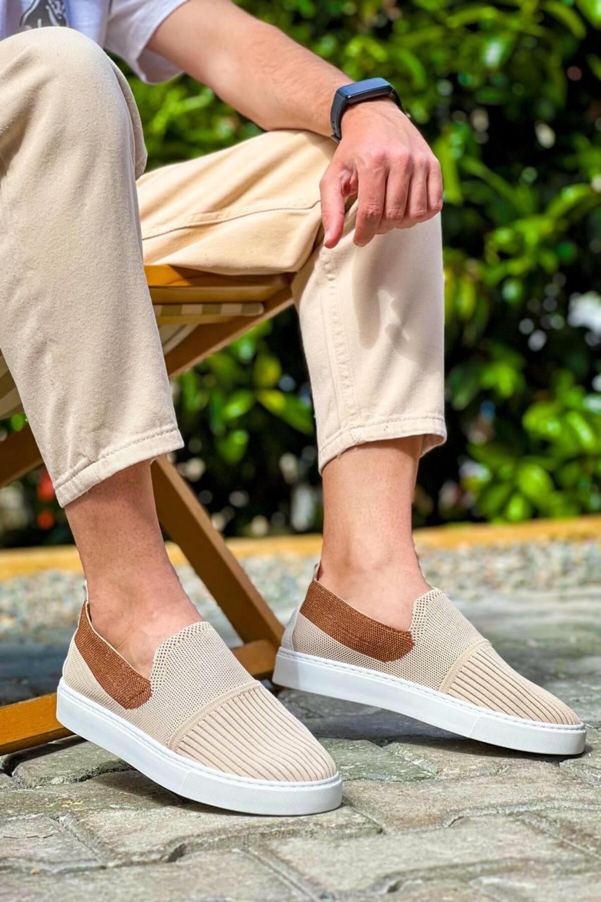 Byshoes KB-114 Kuback Bej Taba Triko Yüksek Taban Bağcıksız Günlük Erkek Ayakkabı
