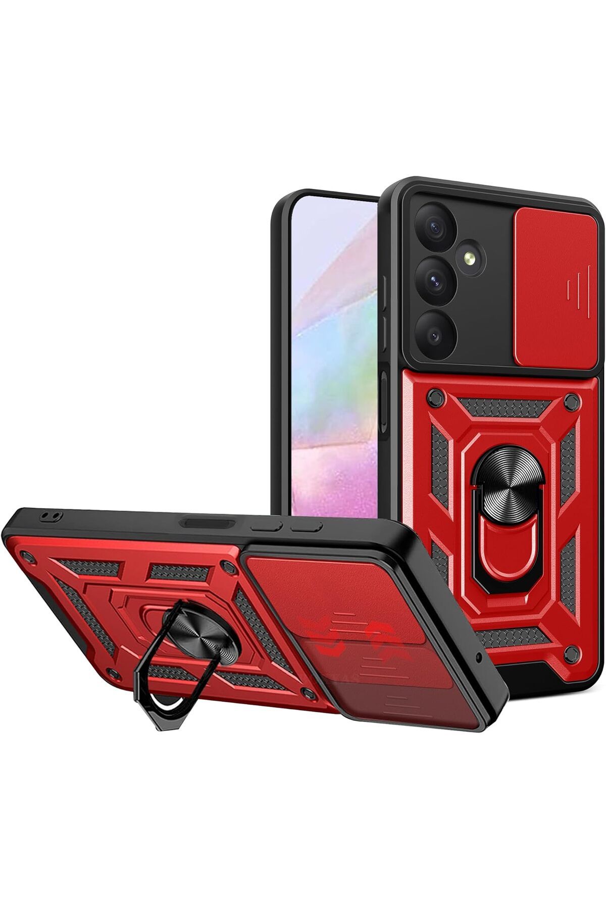 Rivor Samsung Galaxy A05S Kılıf Kamera Sürgülü Standlı Yüzüklü Darbe Emici Zırhlı Koruyucu Tank Kapak