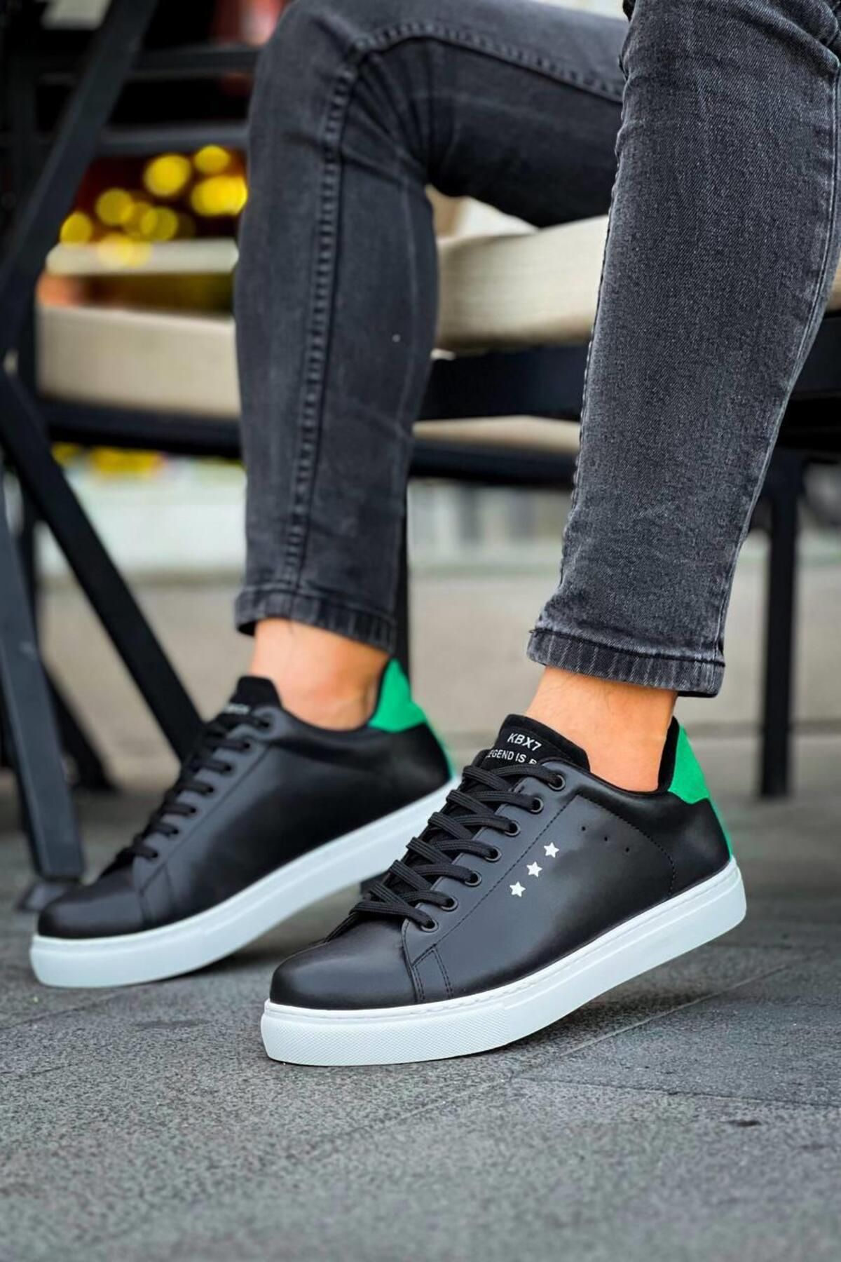 Byshoes KB-X7 Kuback Siyah Yeşil Yüksek Beyaz Taban Bağcıklı Günlük Erkek Ayakkabı