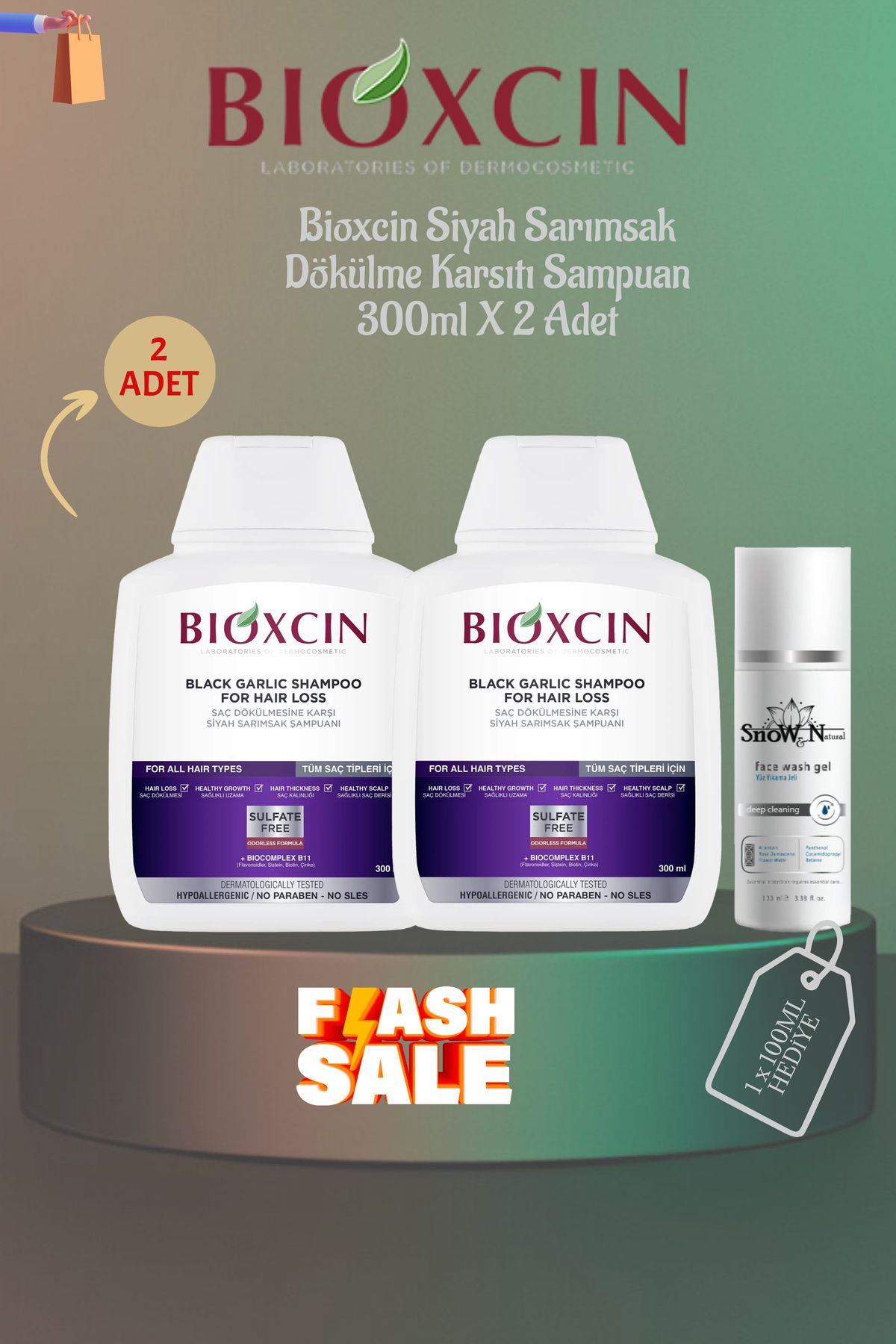 Bioxcin Siyah Sarımsak Dökülme Karşıtı Şampuan 300ml 2 ADET Avantajlı Paket + 100ml Facial Cleanser Hediye
