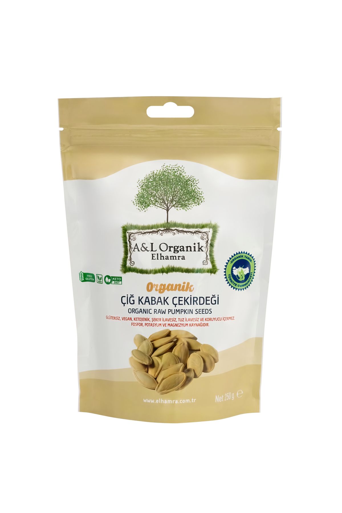 A&L ORGANİK ELHAMRA ORGANİK SERTİFİKALI ÇİĞ KABAK ÇEKİRDEĞİ. 250g. YERLİ ÜRÜN. KAPADOKYA. GLÜTENSİZ. VEGAN. KETOJENİK.