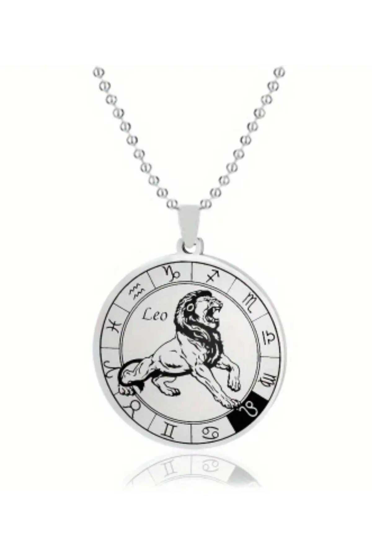 sarıyer silver Aslan Burcu Model 12 Burç Görsel Daire Tasarım Astroloji Burçlar Temalı Çelik Kolye