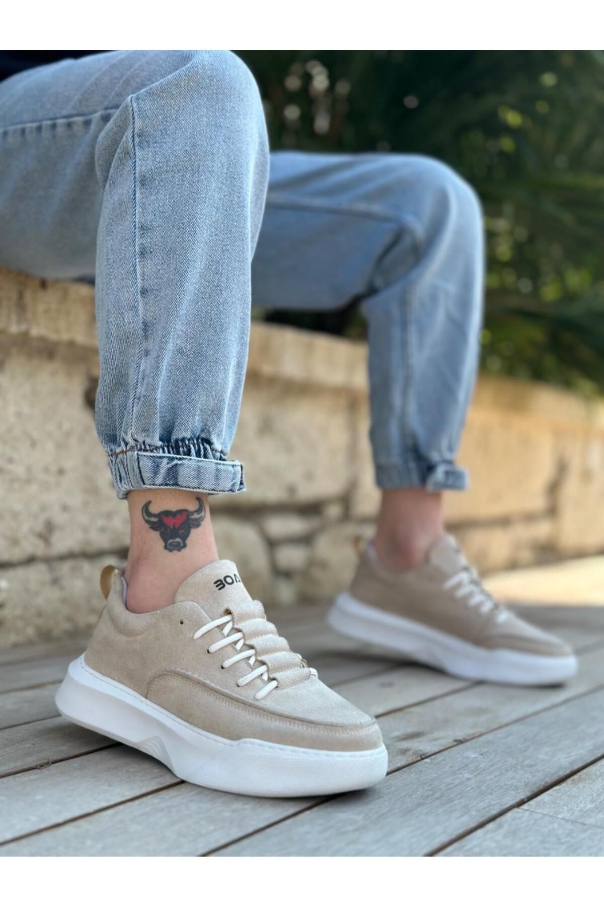 Byshoes BA0332 Merdiven Desen Bağcıklı Erkek Yüksek Taban Krem Süet Spor Ayakkabı