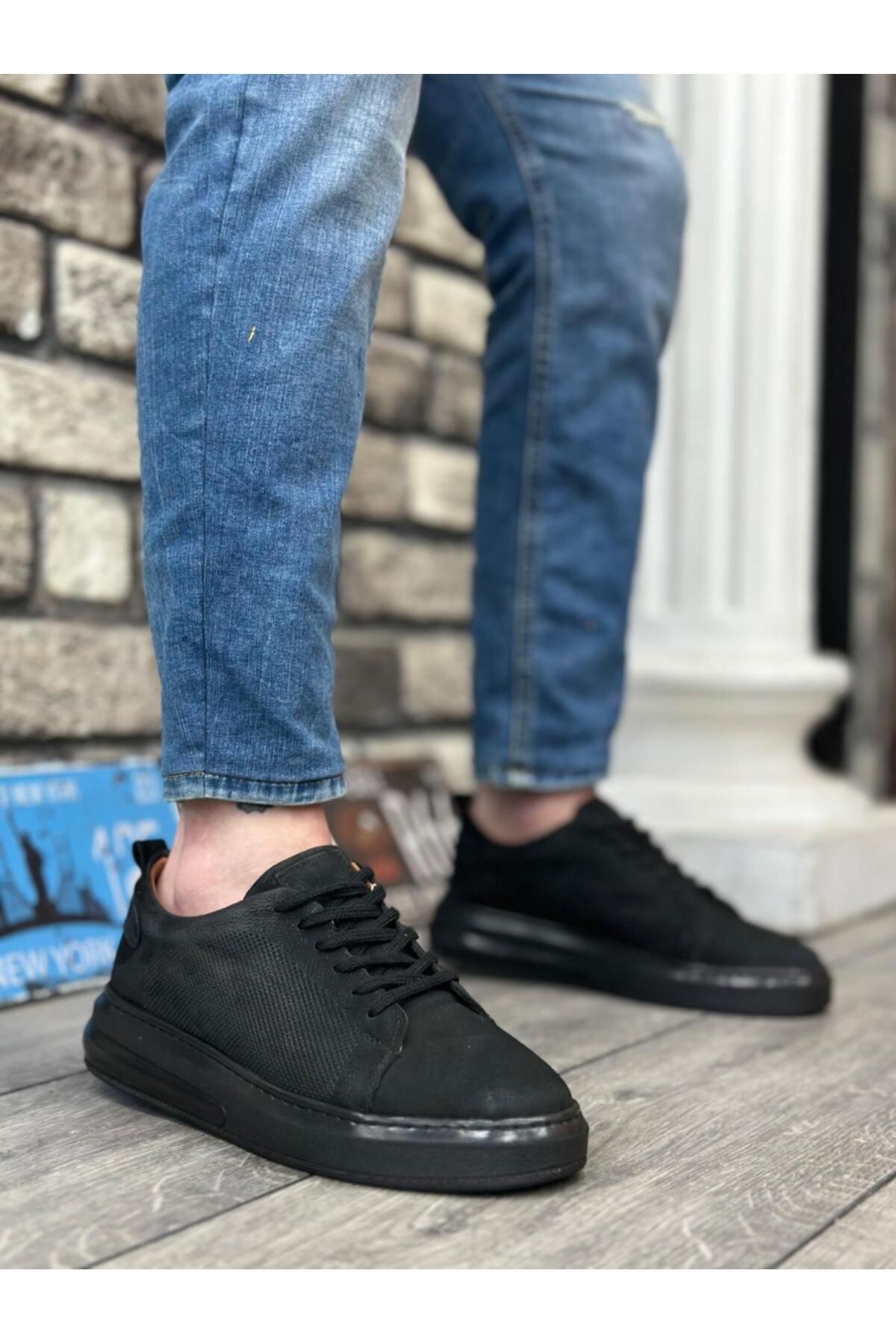Byshoes BA0336 İçi Dışı Hakiki Nubuk Deri Siyah Tabanlı Bağcıklı Casual Erkek Ayakkabı