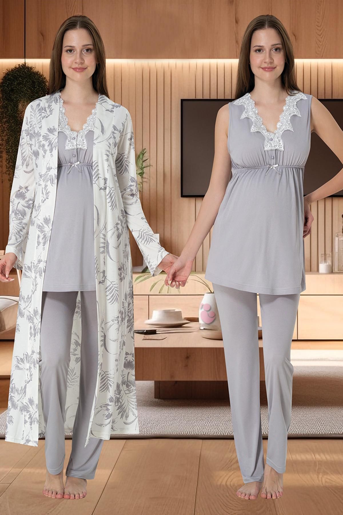 BLACKMORE Gri Dantel Tasarım Kalın Askılı Lohusa Hamile Sabahlıklı 3'lü Pijama Takım Set