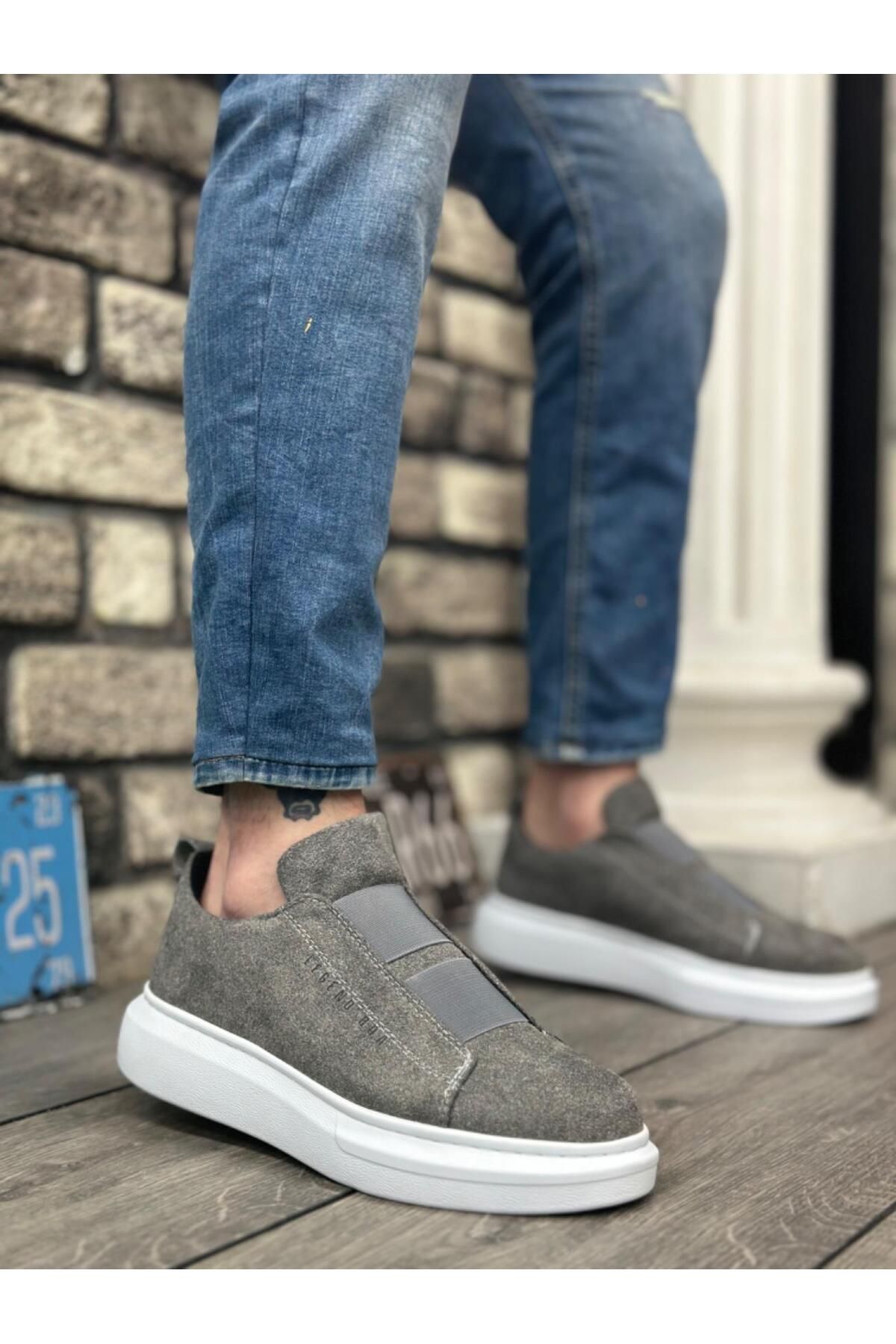 Byshoes BA0307 BOA Kalın Süet Yüksek Taban Çift Bant Gri Erkek Ayakkabı
