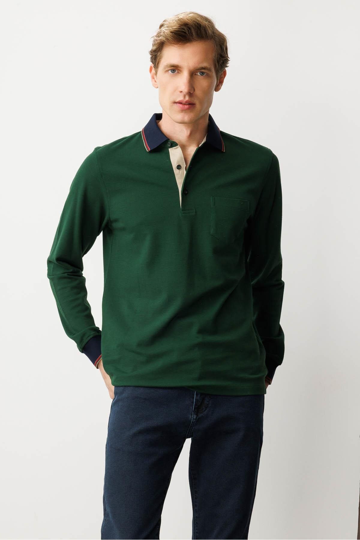 Desen Triko Erkek Polo Yaka Pike Dokuma Sweatshirt Yeşil