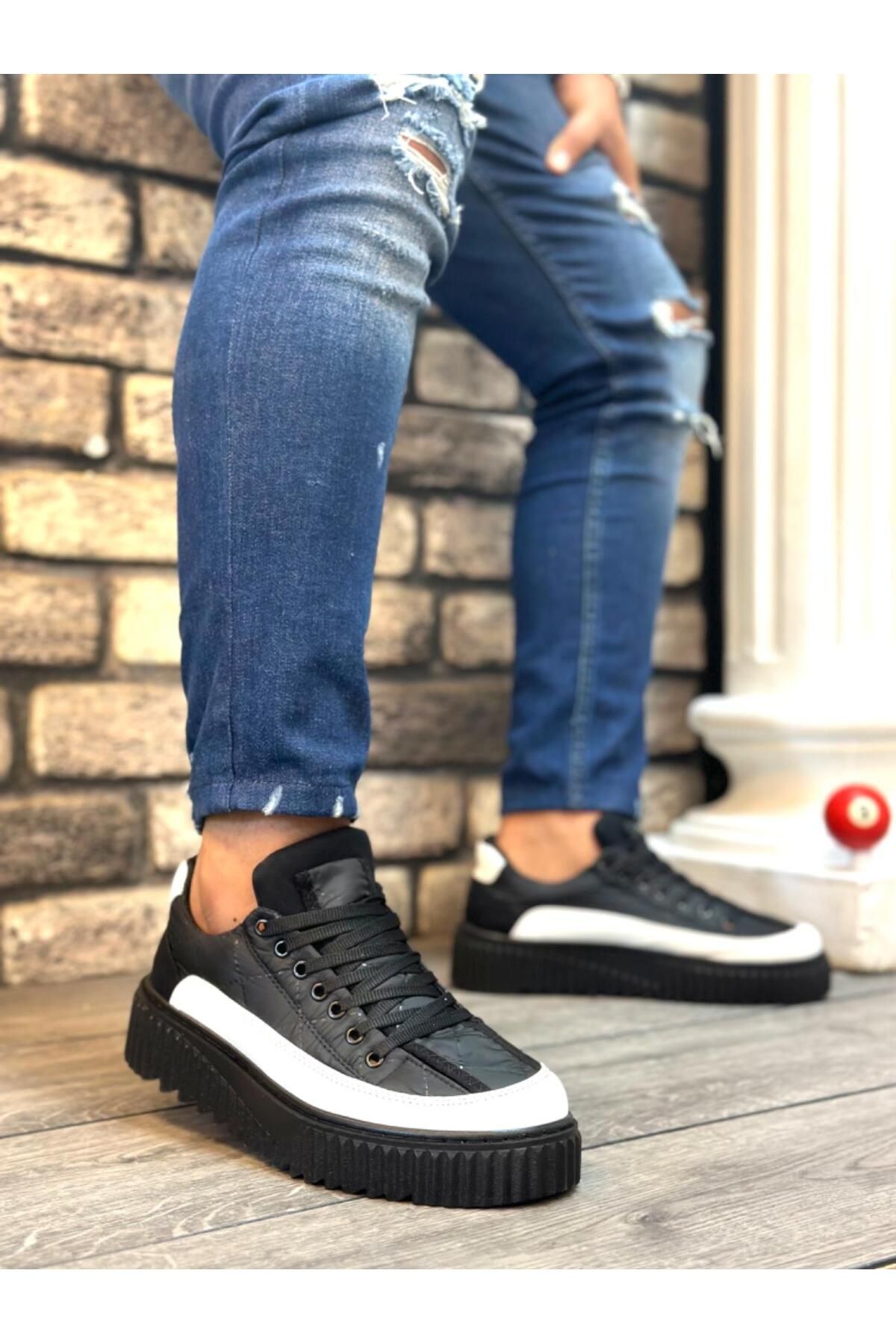 Byshoes BA0801 BOA Yüksek Taban Siyah Paraşüt Kumaş Beyaz Cilt Detaylı Erkek Ayakkabı