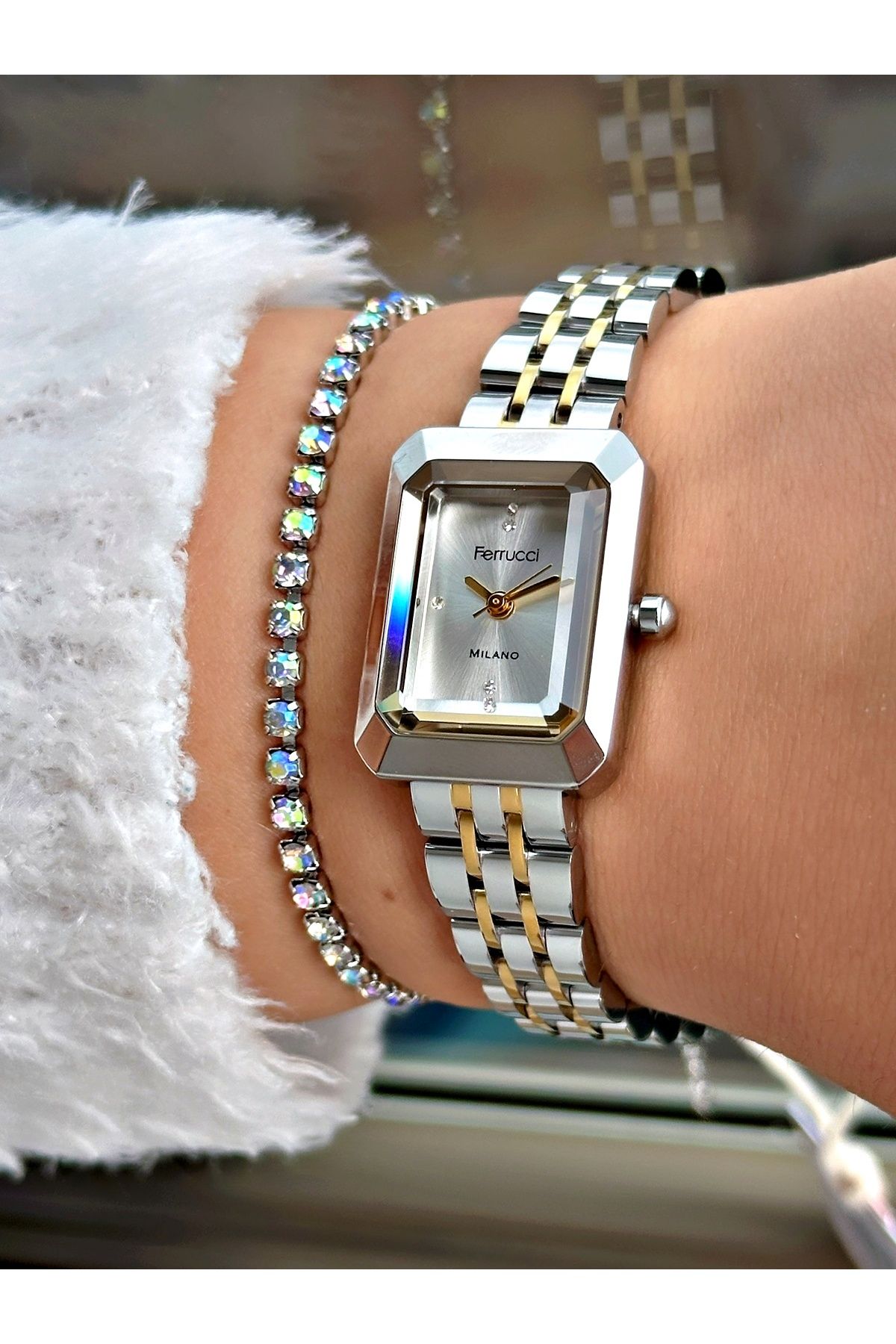 Ferrucci Altın Silver Kare Minimal Model Sade Kadın Kol Saati + BİLEKLİK