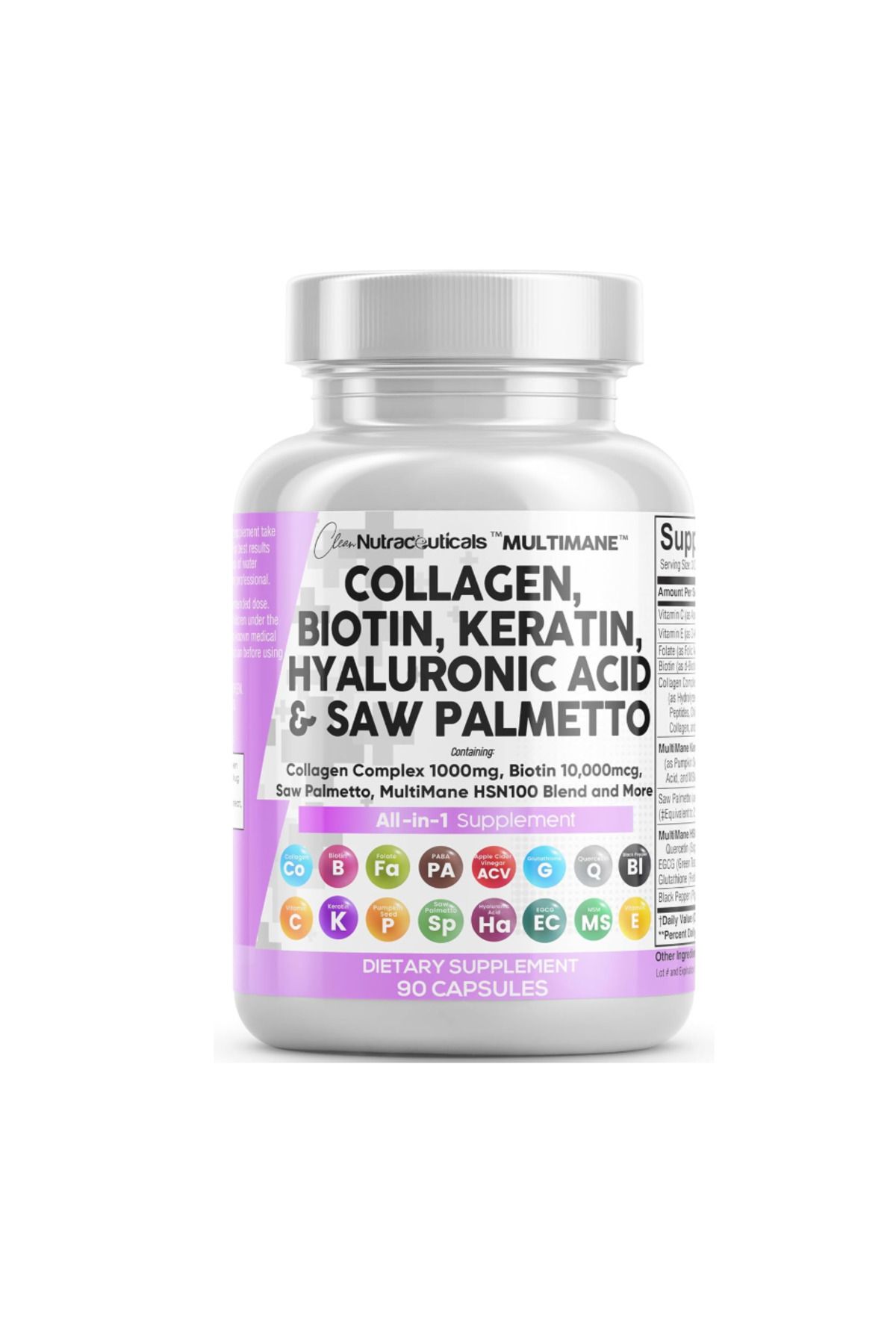 Clean Nutraceuticals , Collagen Pills Biotinn Keratin Saw Palmetto Hyaluronic Acid Hair Skin Nails, DHT Blocker 90 Count