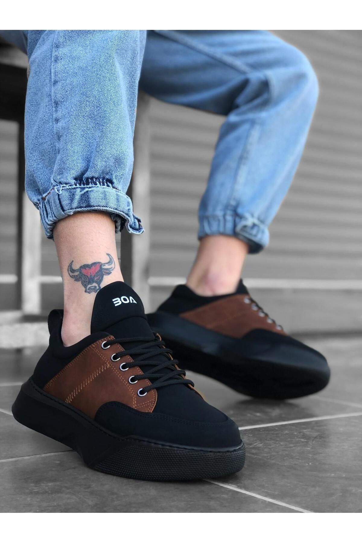 Byshoes BA0163 Bağcıklı Erkek Yüksek Taban Siyah Taba Spor Ayakkabı