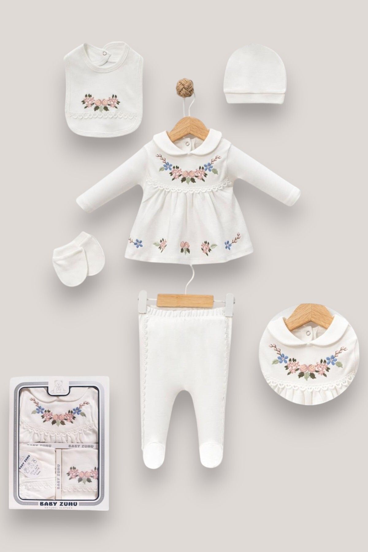 MINNOOSH BABY Yeni Doğan Hastane Çıkışı Bebek Takımı 5'li Set Kutulu %100 Organik