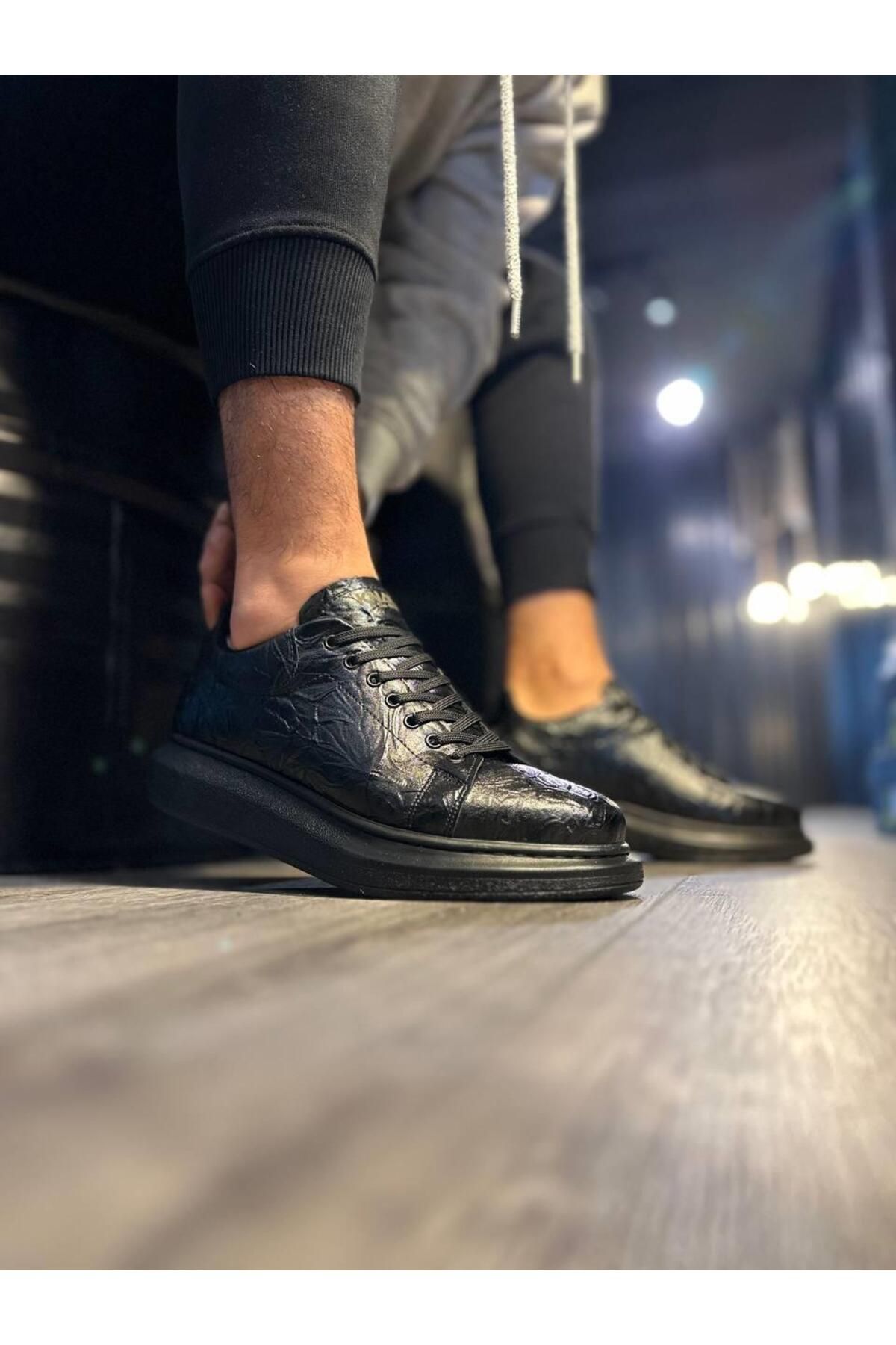 Byshoes Knack Yüksek Taban Günlük Ayakkabı 044 Siyah Siyah Taban (Desenli)