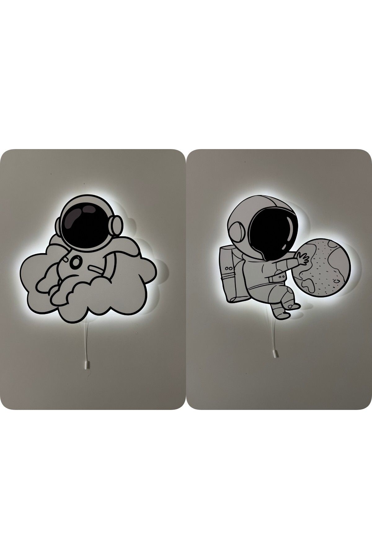 UViolets Dekoratif Ahşap Baskılı Doodle Çizimli Dünya Tutan Astronotlar Çocuk Odası Gece Lambası (2'Lİ ÜRÜN)