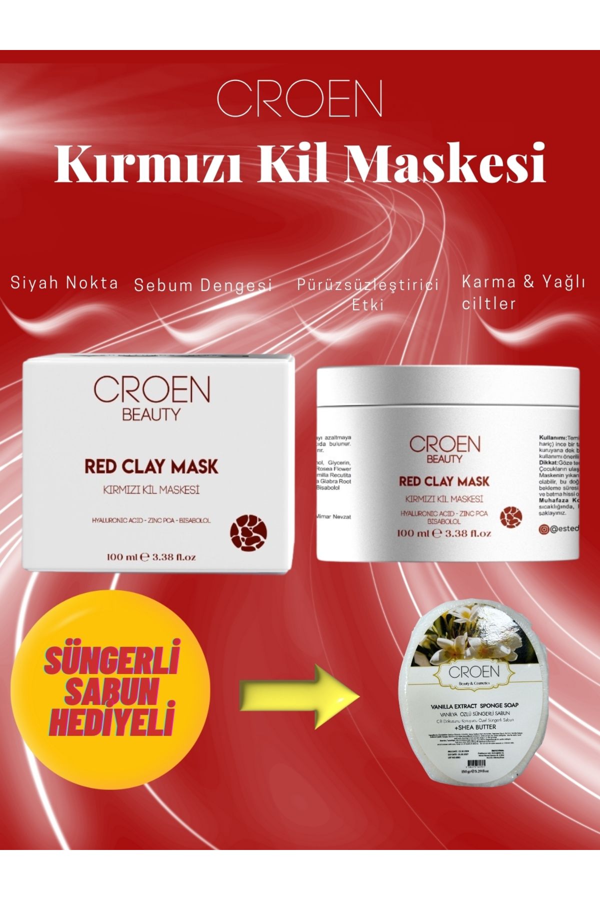 Croen Beauty Kırmızı Kil Maskesi | Gözenek Sıkılaştırıcı | Siyah Nokta ve Yağ Karşıtı, 100 ml