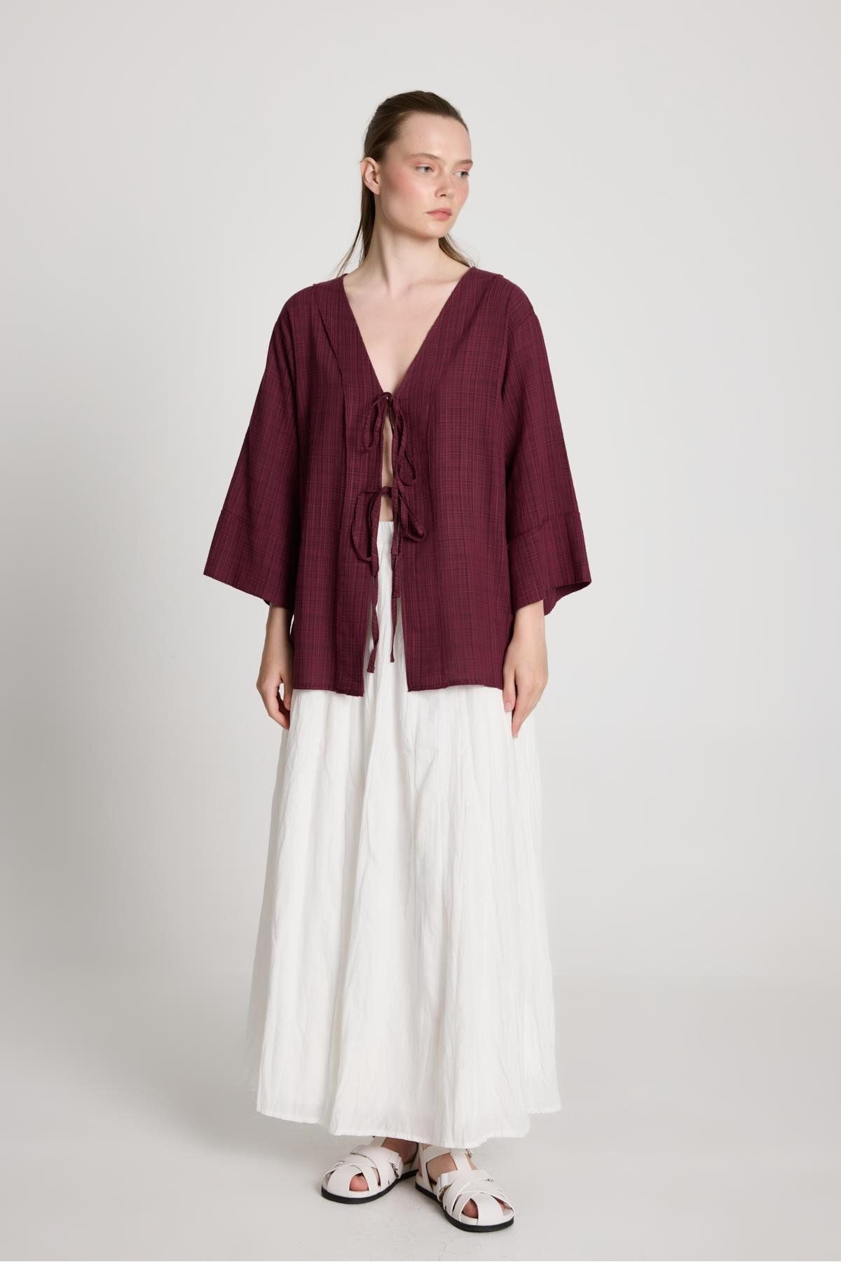minaaise Kadın Bordo Önden Bağlamalı Kendinden Desenli Tasarım Kimono 29138