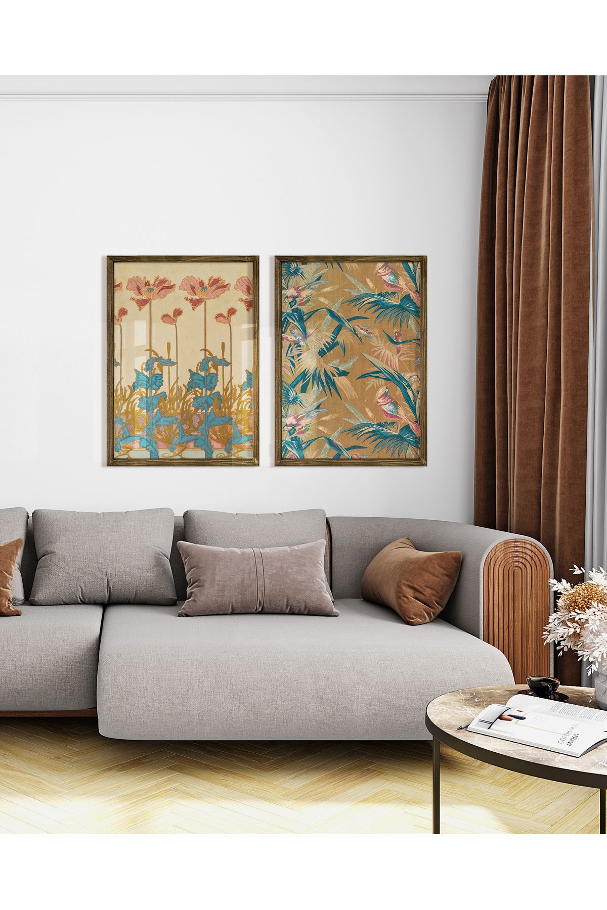 Vetro Design Çiçek ve Tropikal Doku Çerçeveli Tablo Set