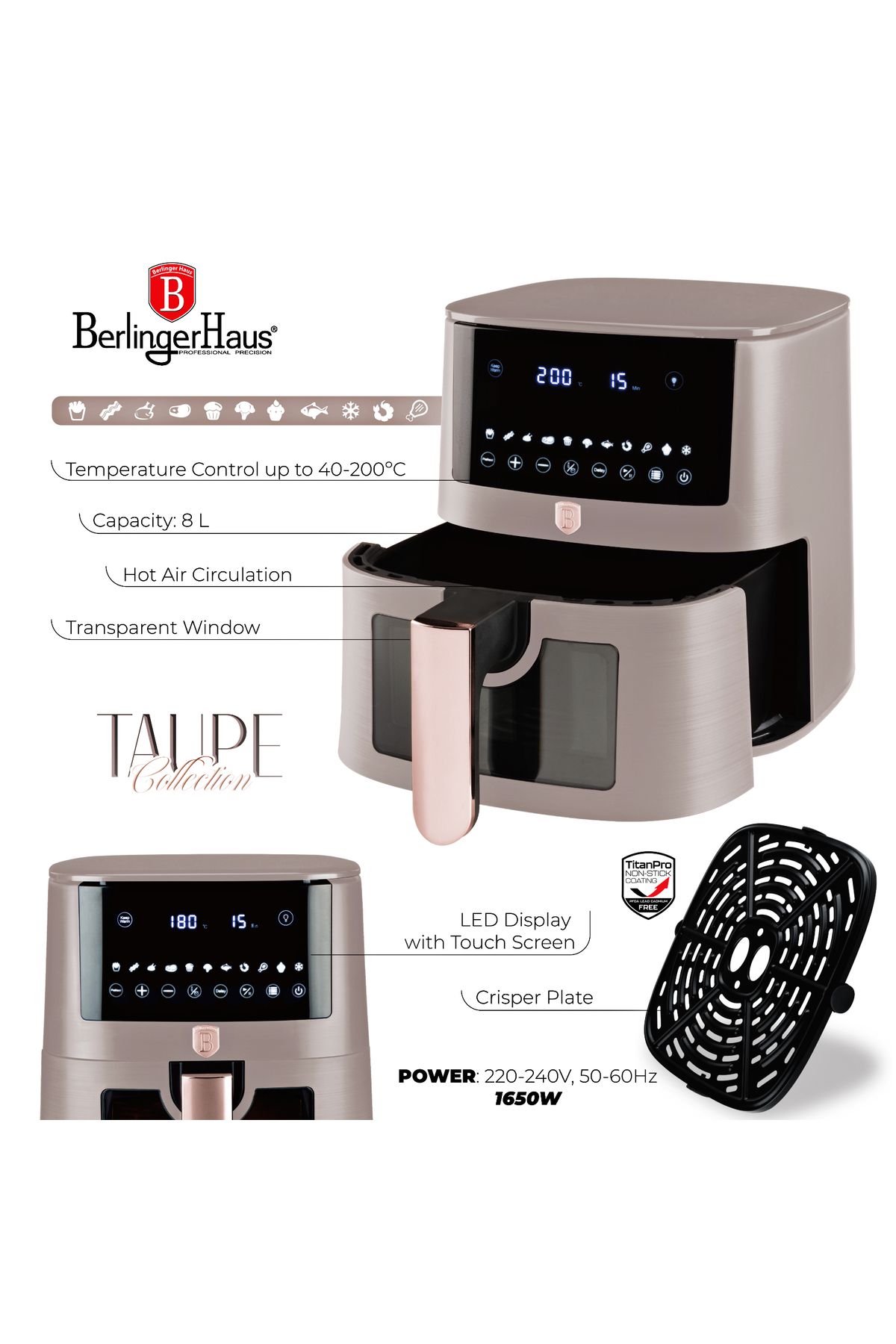 Berlinger Haus-Friteuză cu aer cald, digitală, cu LCD, programe și temporizator, 8 l, colecție Taupe 4