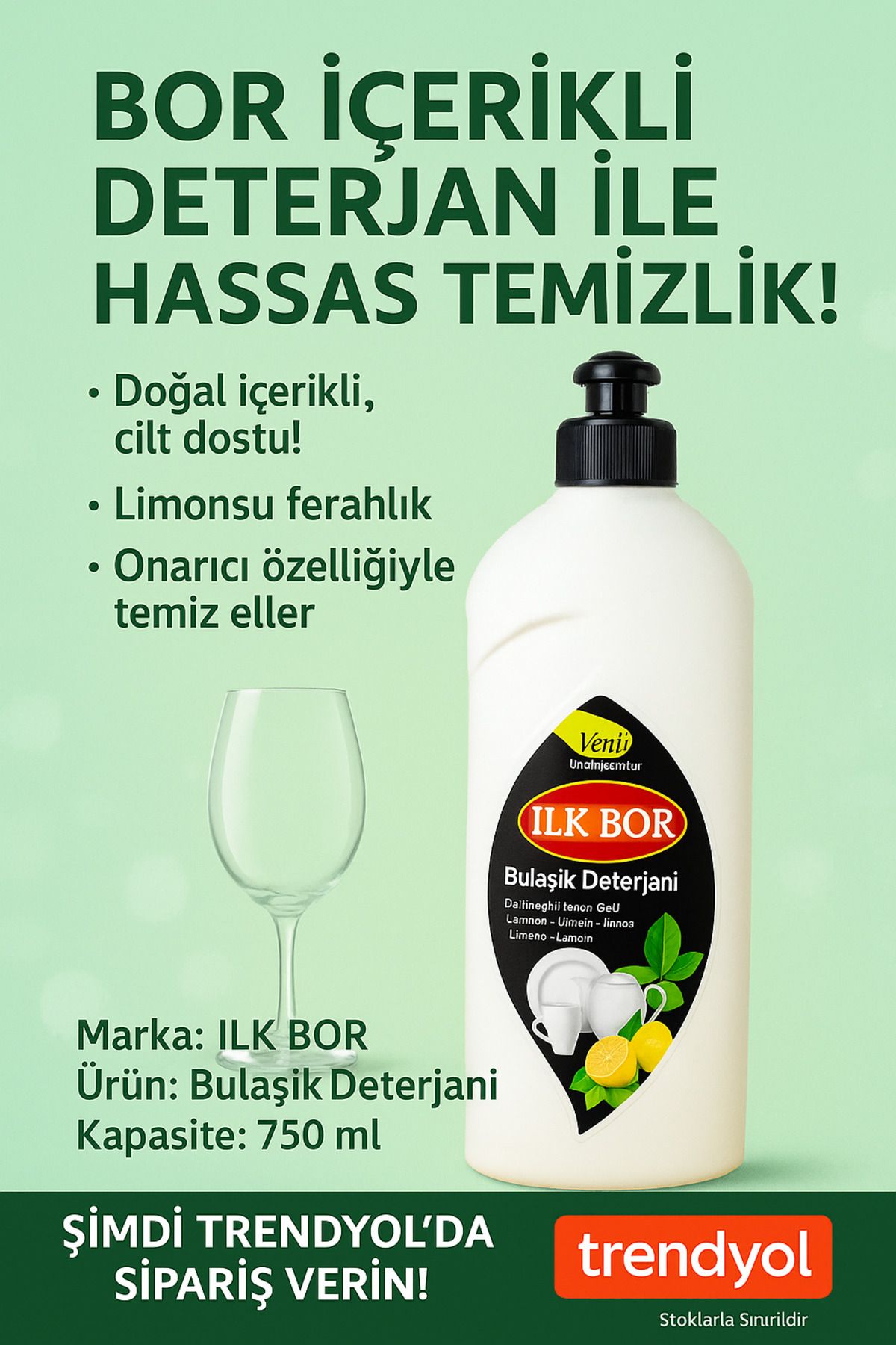 ilkbor İLK BOR Organik Doğal Bor İçerikli Bulaşık Deterjanı 750 ml – Cilt Dostu, Onarıcı