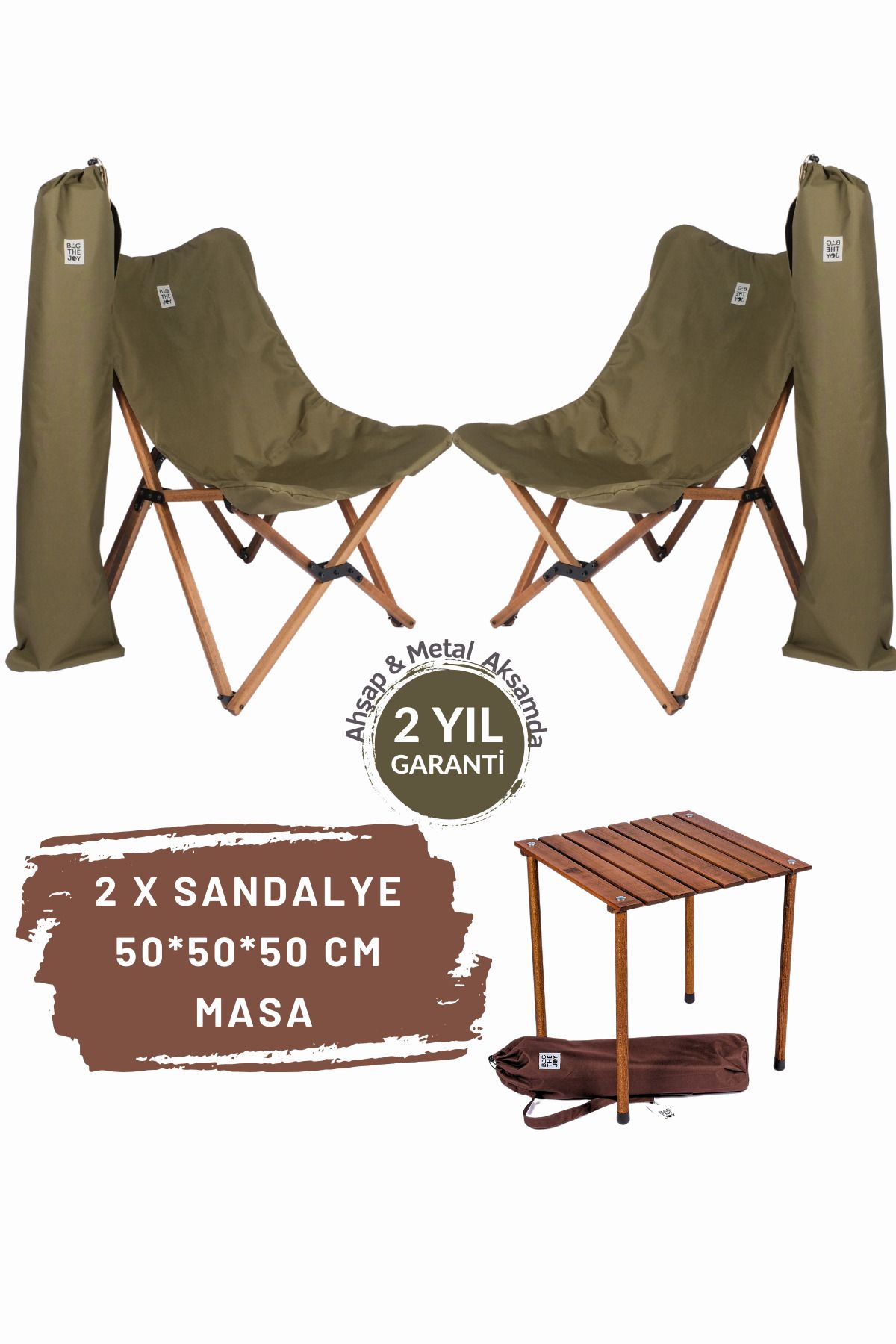 Bag The Joy Ahşap Katlanır Masa Sandalye Seti Kahverengi Iskelet Haki Kılıf -50x50x50 Kahverengi Masa