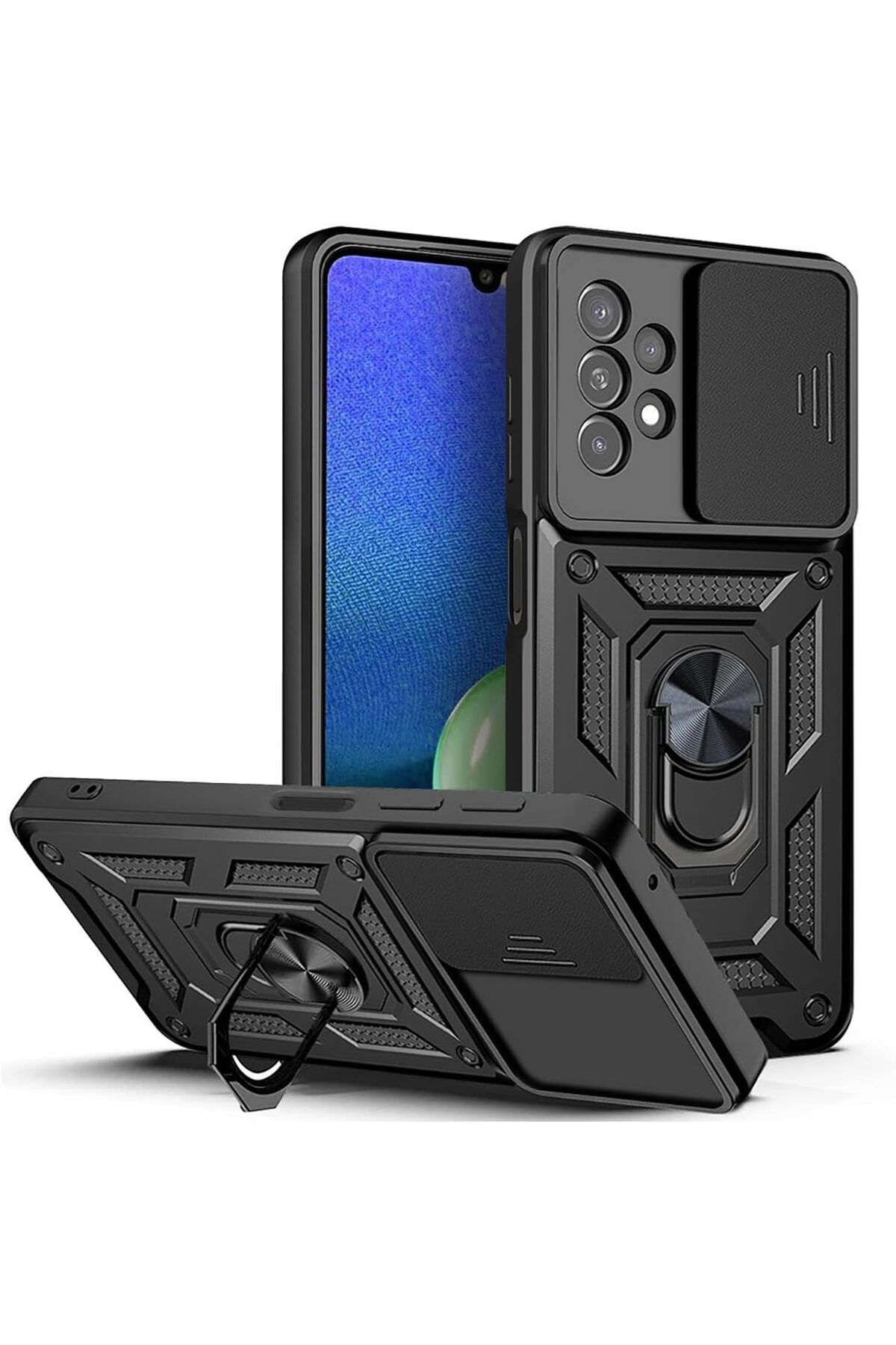 Rivor Samsung Galaxy A13 4G Kılıf Kamera Sürgülü Standlı Yüzüklü Darbe Emici Zırhlı Koruyucu Tank Kapak