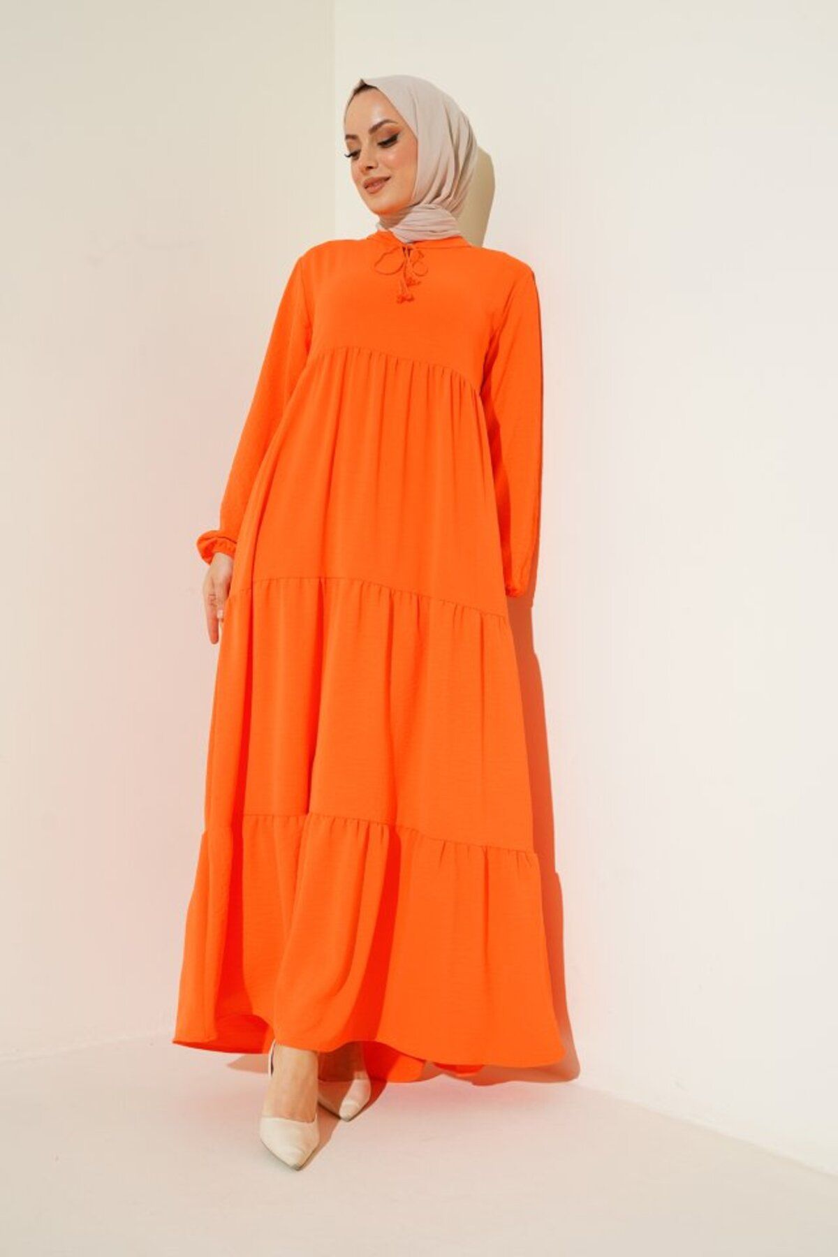 pazarella 1627 Yaka Bağcıklı Tesettür Elbise - Oranje