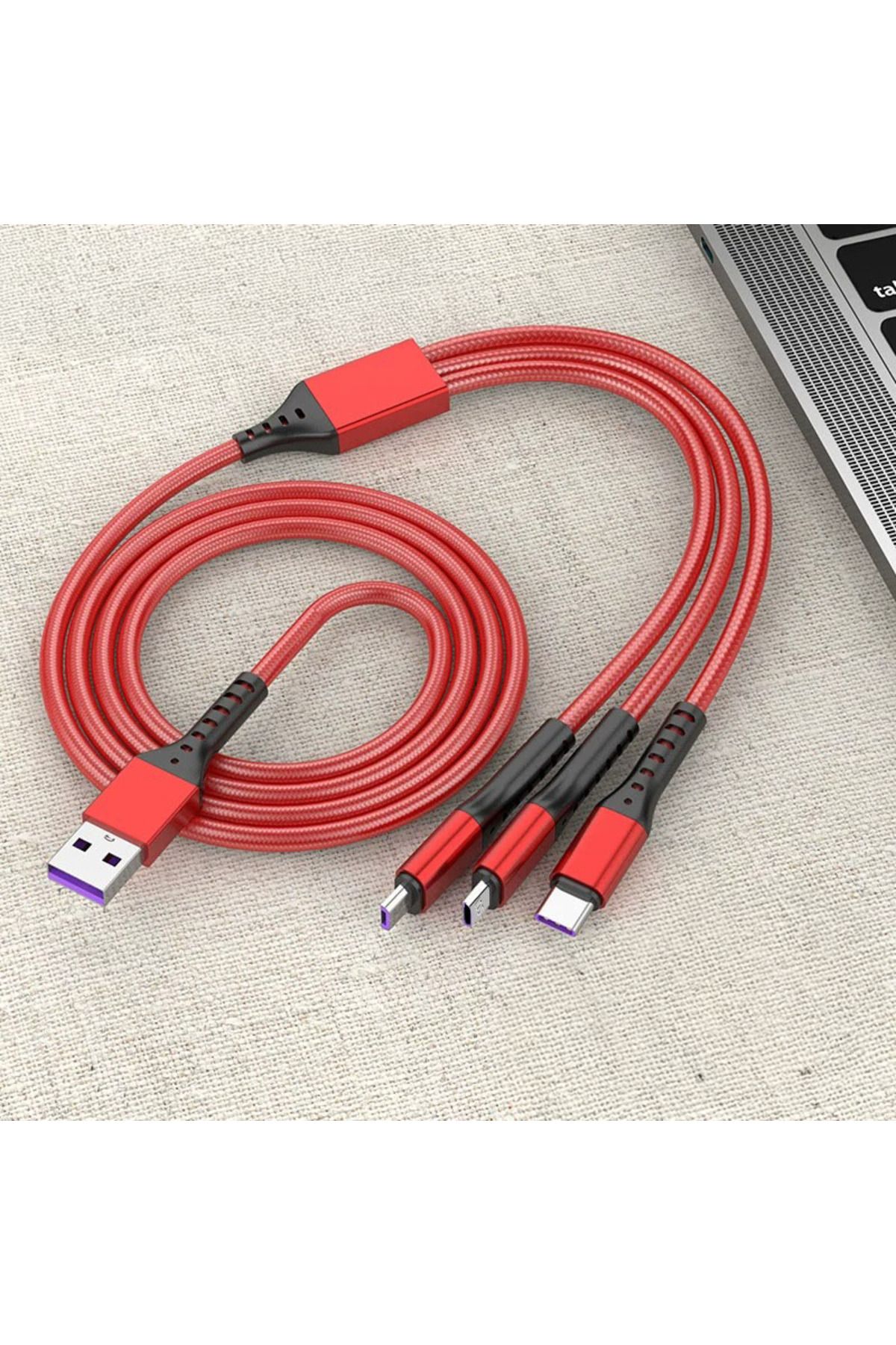 nelerbulurum 3IN1 KIRMIZI 1.2 METRE (MICRO USB - LIGHTNING - TYPE C) TELEFON ŞARJ KABLOSU