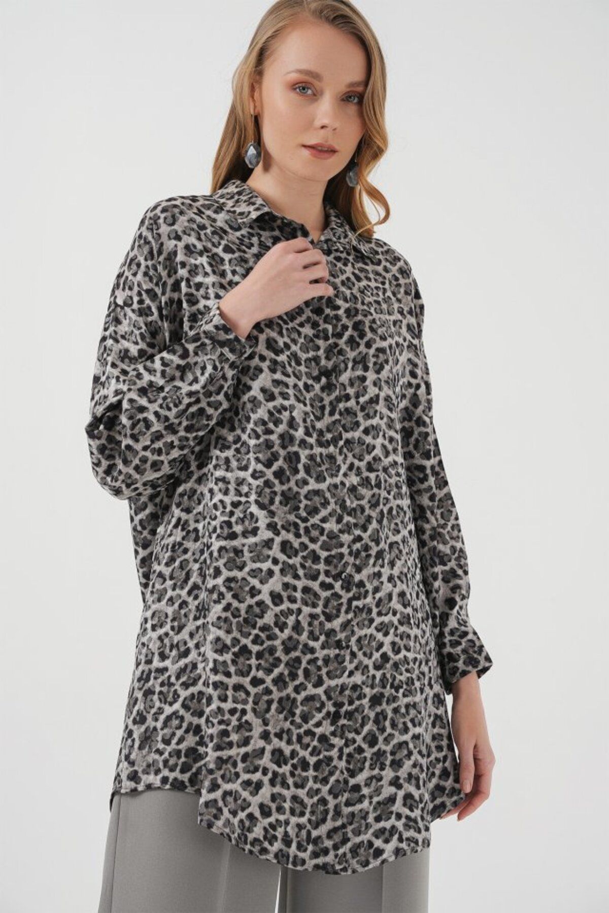 ASFSTORE 5944 Desenli Uzun Gömlek Tunik - Siyah