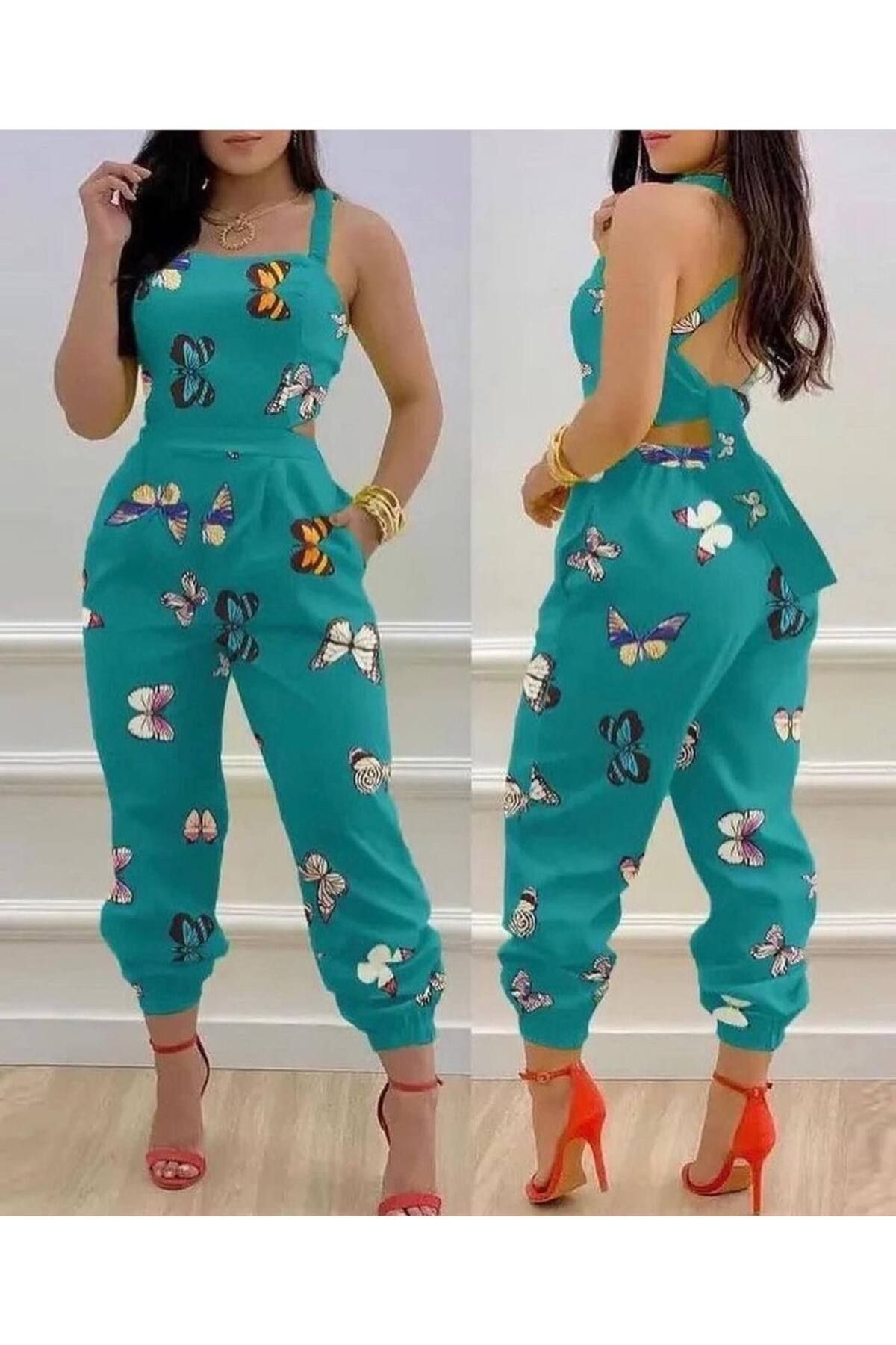 NHMODA Çapraz sırt bağlamalı askılı pensli beli oturan paçası lastikli tulum