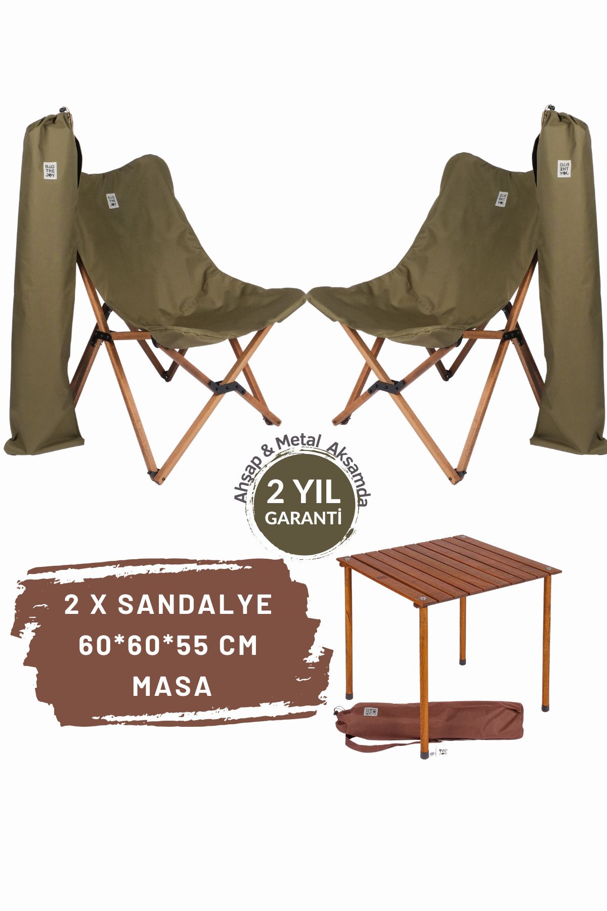 Bag The Joy Ahşap Katlanır Masa Sandalye Seti Kahverengi Iskelet Haki Kılıf -60x60x55 Kahverengi Masa