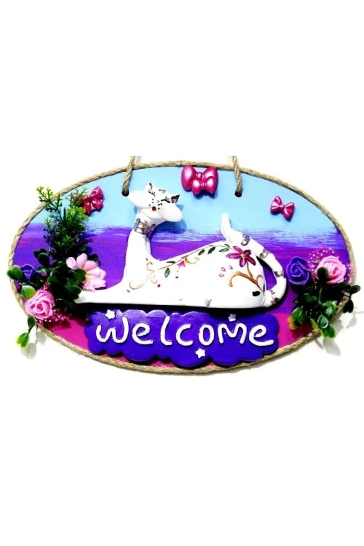 ShopNova Kedi Figürlü Welcome Yazılı El Yapımı Kapı Süsü