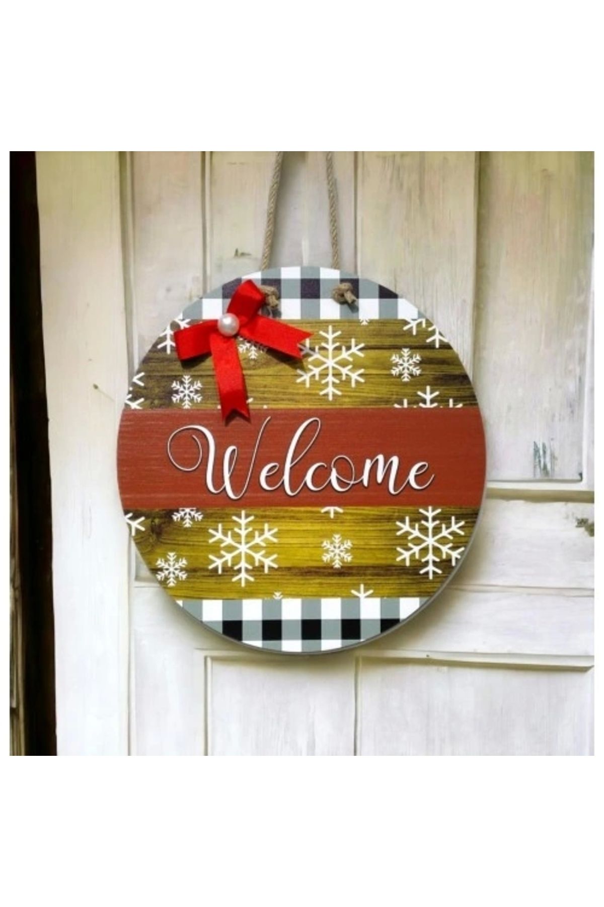 ShopNova Dijital Baskı Kırmızı Kurdeleli İncili Welcome Kapı Süsü 30 Cm Kapı Süsü