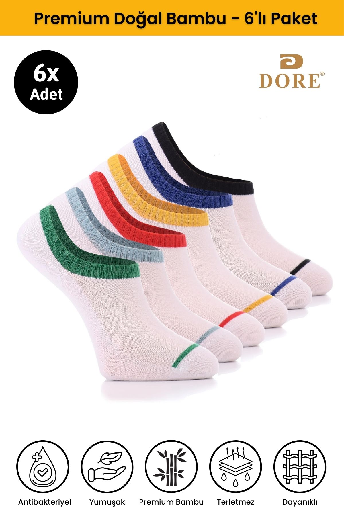 Dore Orijinal Yeni Sezon 6 Çift Premium Bambu Ultra Comfort Görünmez Sneaker Yazlık Spor Çorap 6'lı Paket