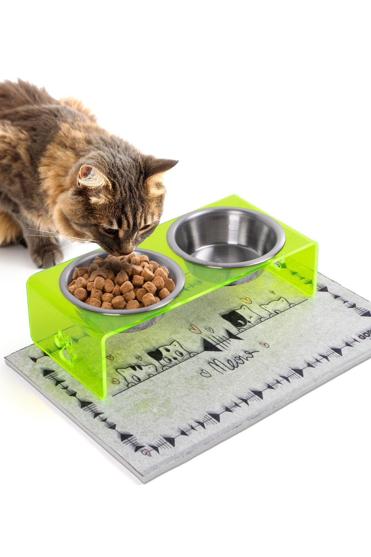 GOBYPET 2'li Yeşil Pleksi Dekoratif Kedi Ve Köpek Seramik Mama & Su Kabı Paspas Hediye