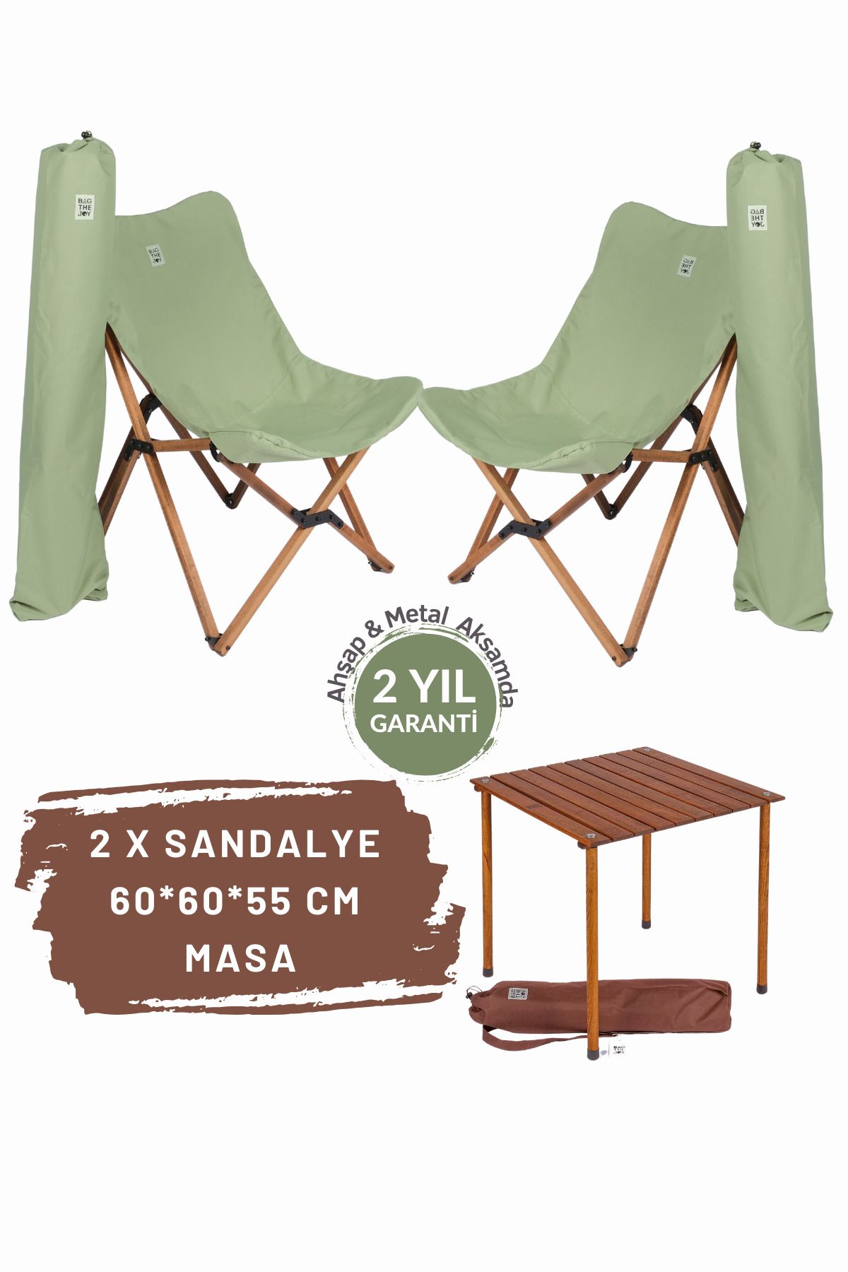 Bag The Joy Ahşap Katlanır Masa Sandalye Seti Kahverengi Iskelet Su Yeşili Kılıf -60x60x55 Kahverengi Masa