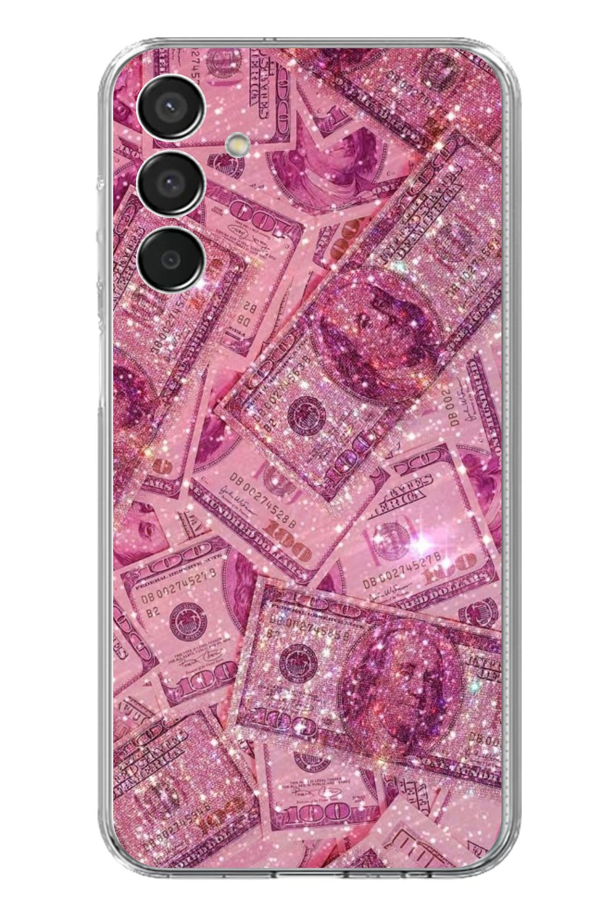 TechTree Samsung Galaxy M15 Uyumlu Pembe Işıltılı Dolarlar Şeffaf Silikon Kılıf