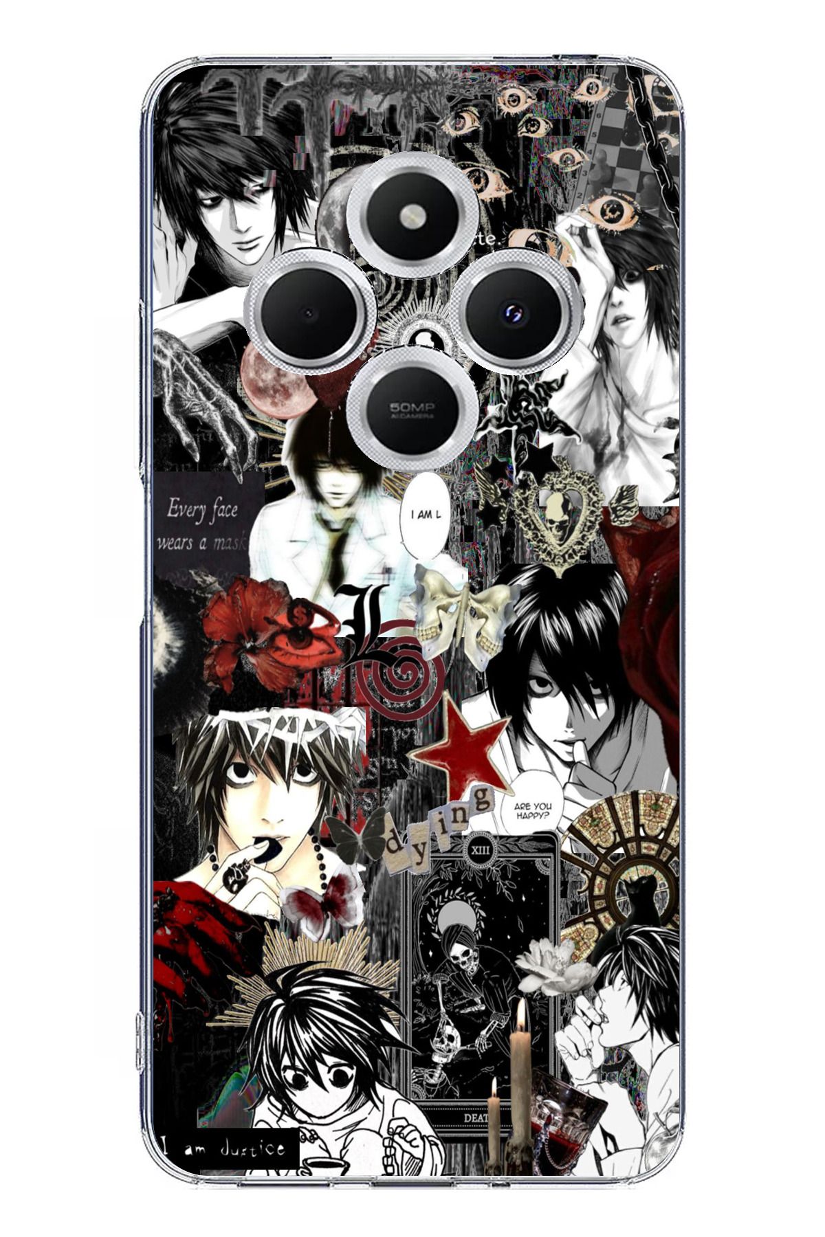 TechTree Redmi 14C Uyumlu Death Note Kolaj Tasarımlı Şeffaf Silikon Kılıf