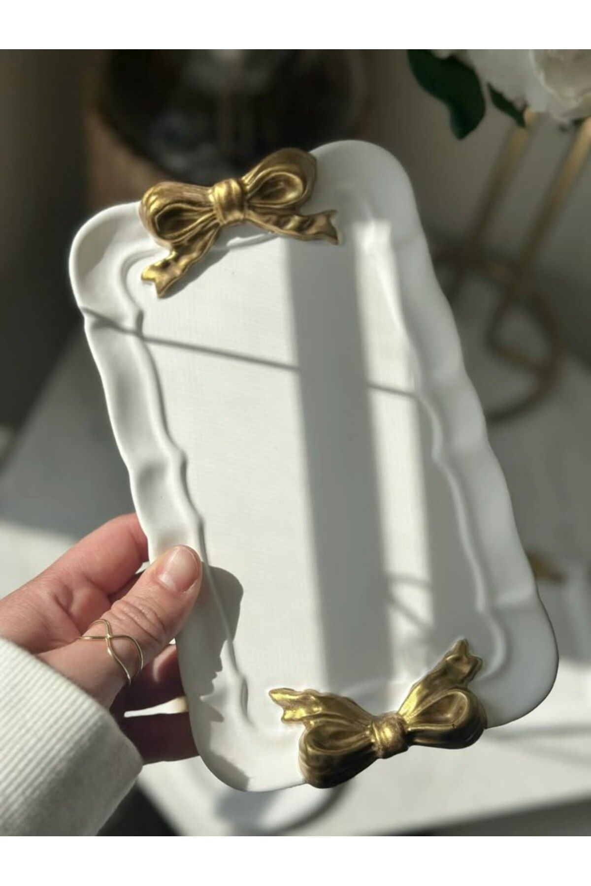 MUMELLA Dekoratif Fiyonklu Gold Kurdele Tepsi , Tabak , Takı Tepsisi El Yapımı Tabak