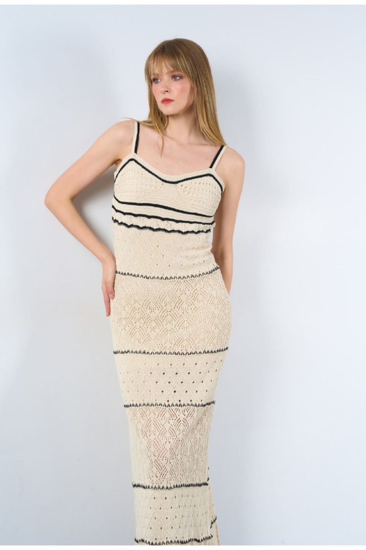 Qu Style-Strappy Long Knitwear Dress - Half Lined and Openwork 2