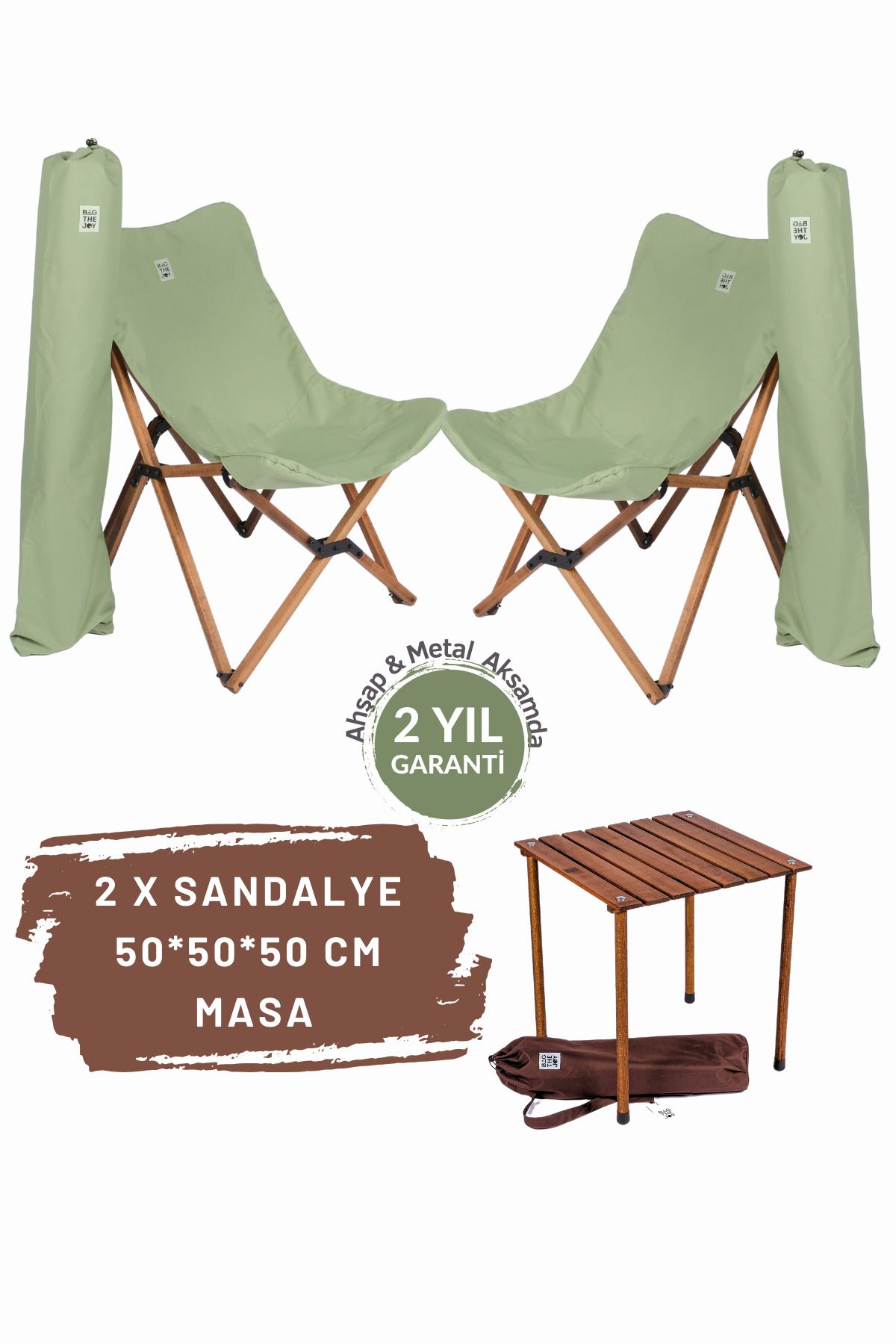Bag The Joy Ahşap Katlanır Masa Sandalye Seti Kahverengi Iskelet Su Yeşili Kılıf -50x50x50 Kahverengi Masa